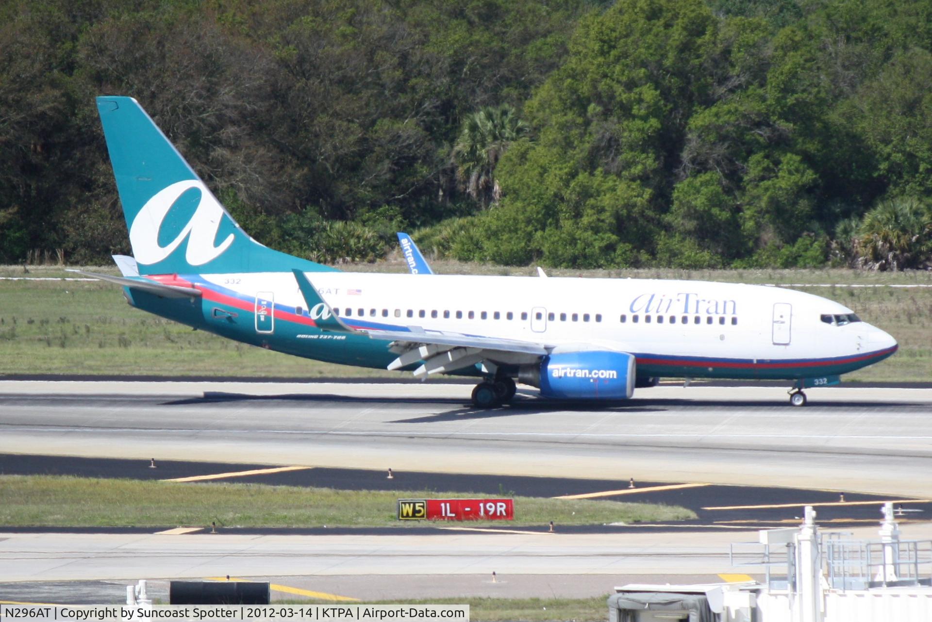 N296AT, 2006 Boeing 737-7BD C/N 34861, AirTran Flight 521 arrives on Runway 1L at Tampa International Airport following a flight from Baltimore/Washington International Airport