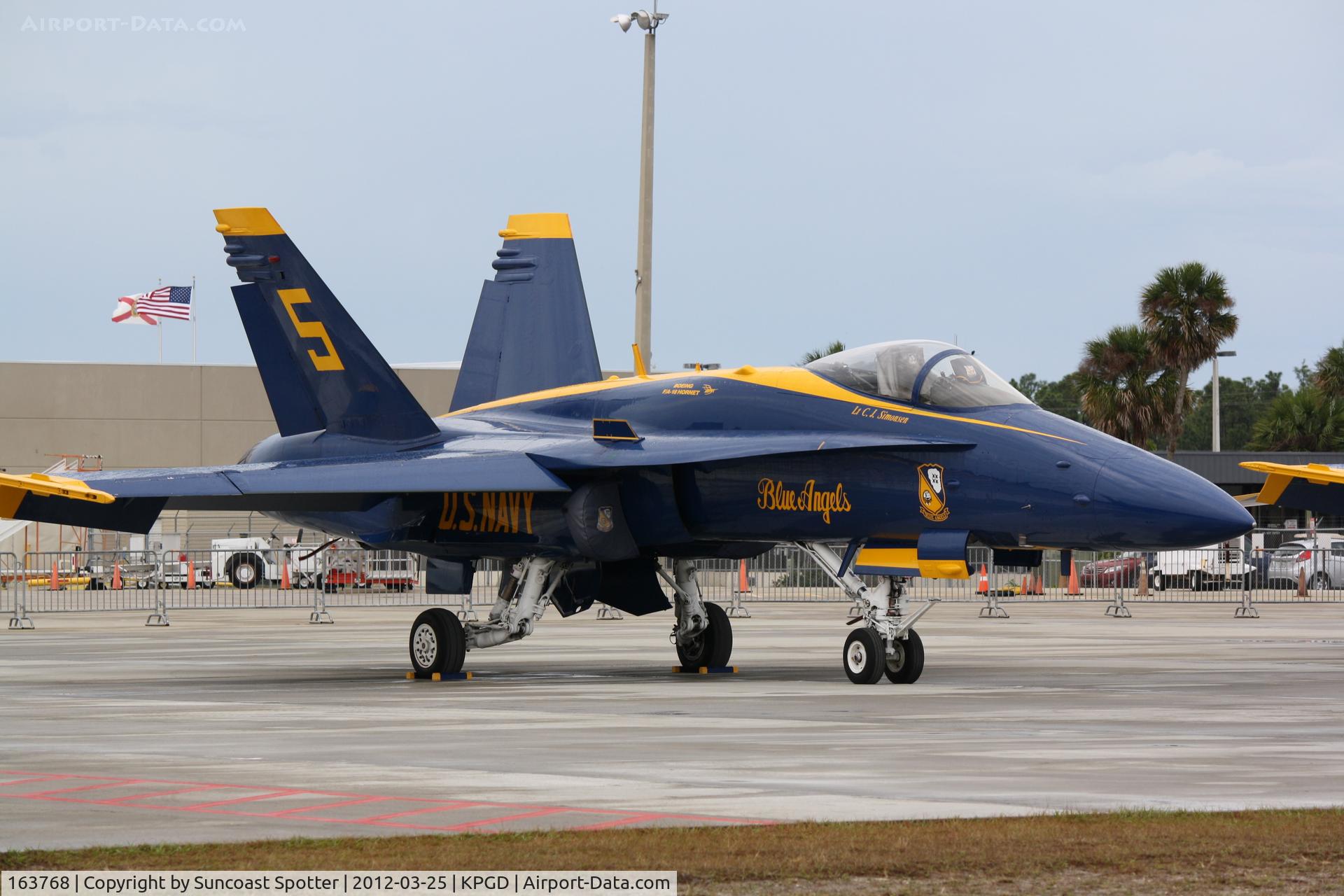 163768, 1989 McDonnell Douglas F/A-18C Hornet C/N 0848/C125, Blue Angels 5 sits on the ramp at Charlotte County Airport during the Florida International Airport