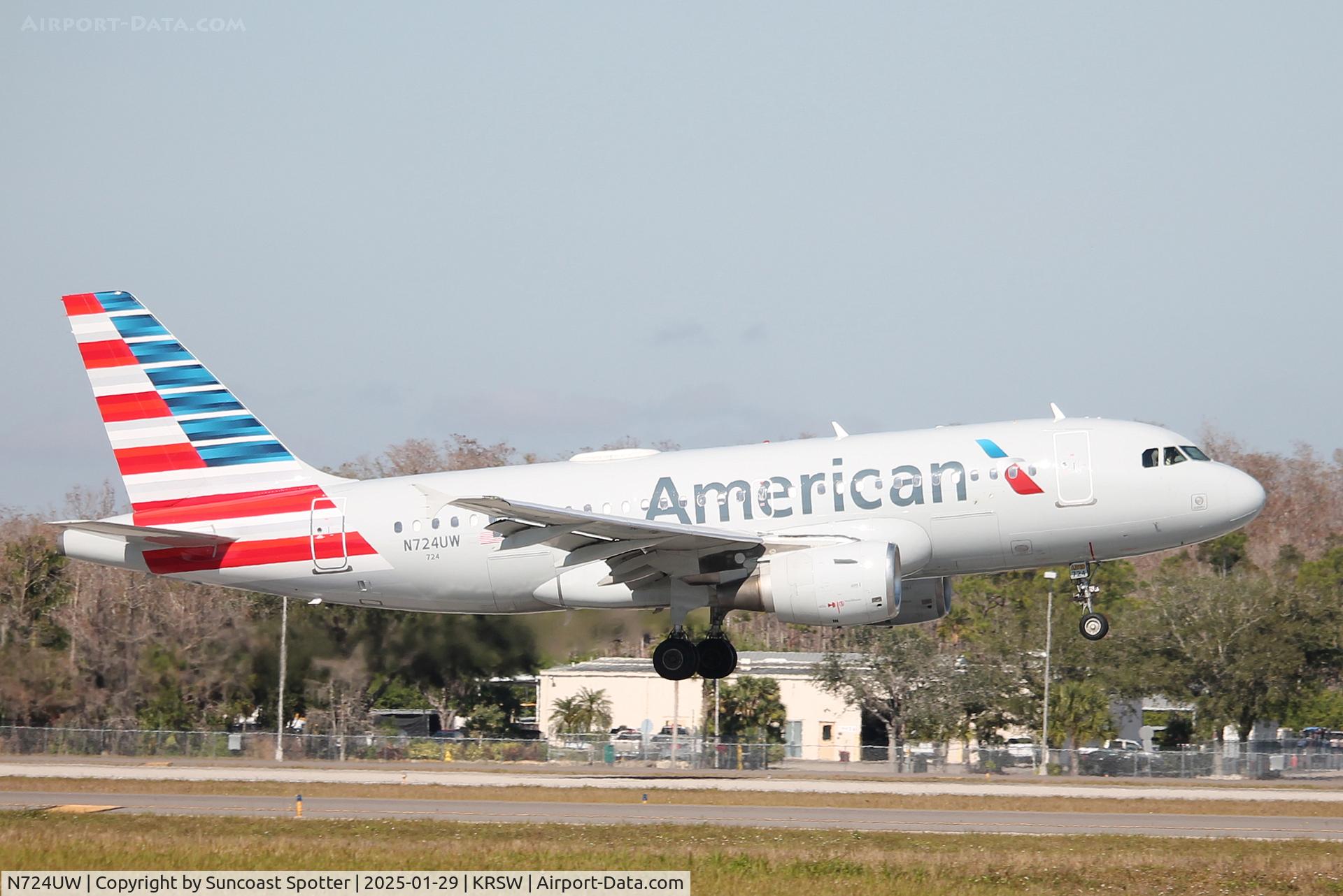 N724UW, 1999 Airbus A319-112 C/N 1122, American Flight 596 arrives on Runway 6 at Southwest Florida International Airport following flight from Philadelphia International Airport