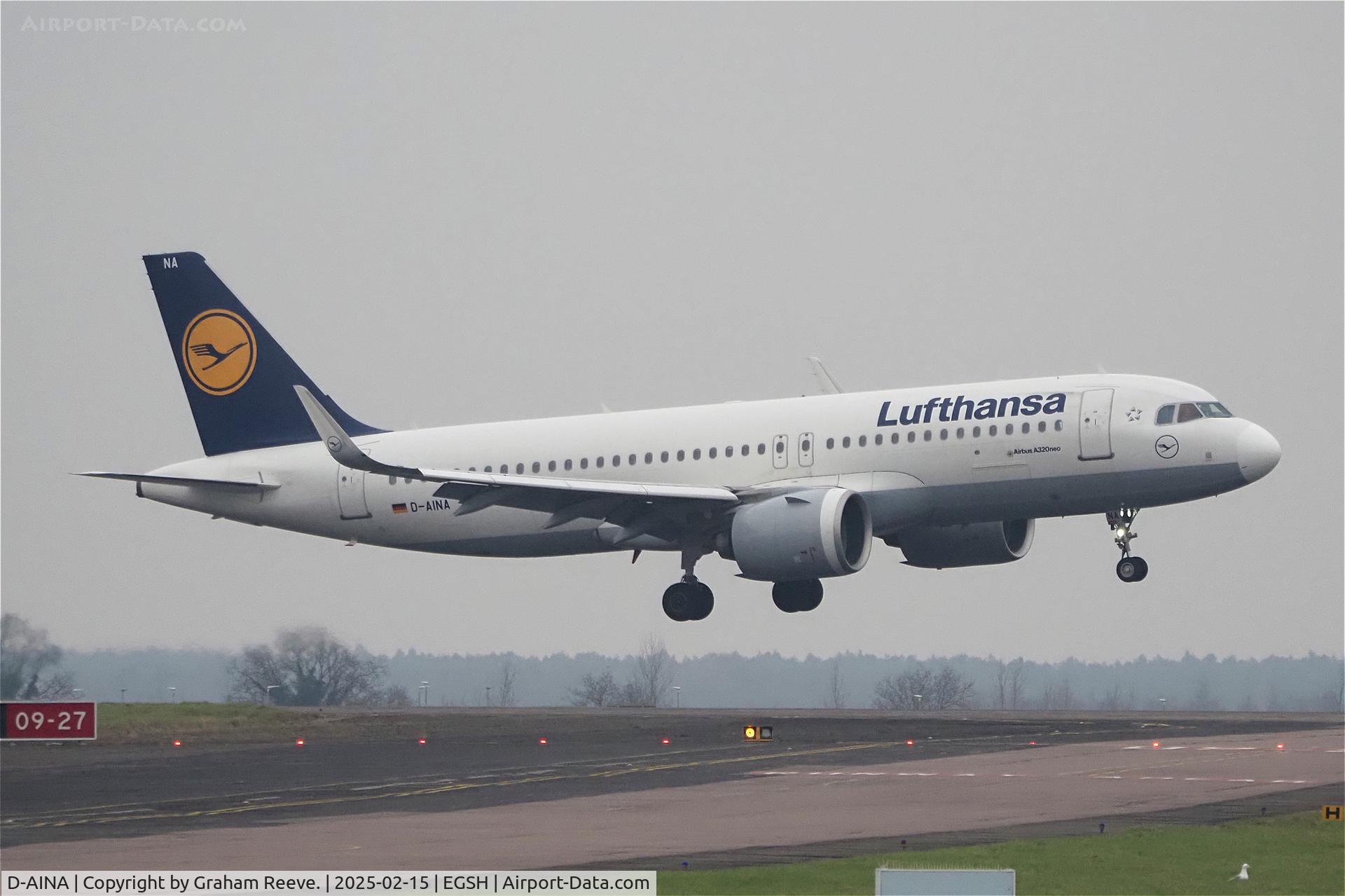 D-AINA, 2015 Airbus A320-271N C/N 6801, Landing at Norwich.