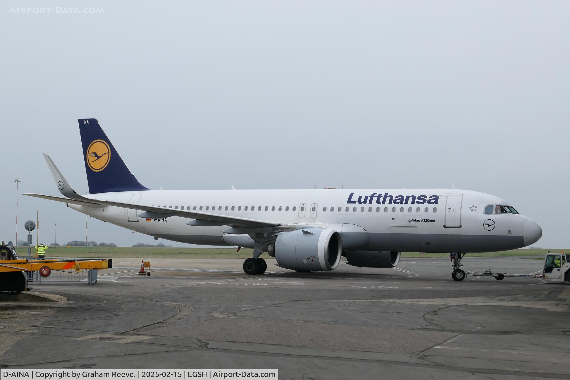 D-AINA, 2015 Airbus A320-271N C/N 6801, Under tow at Norwich.