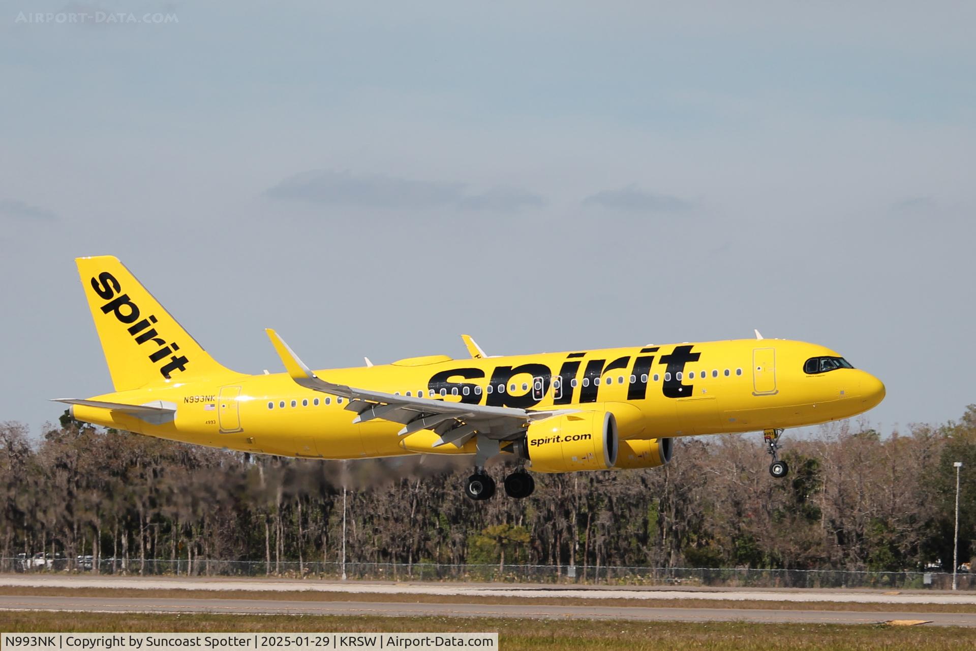 N993NK, 2024 Airbus A320-271N C/N 11902, Spirit Flight 796 arrives on Runway 6 at Southwest Florida International Airport following flight from Atlantic City International Airport