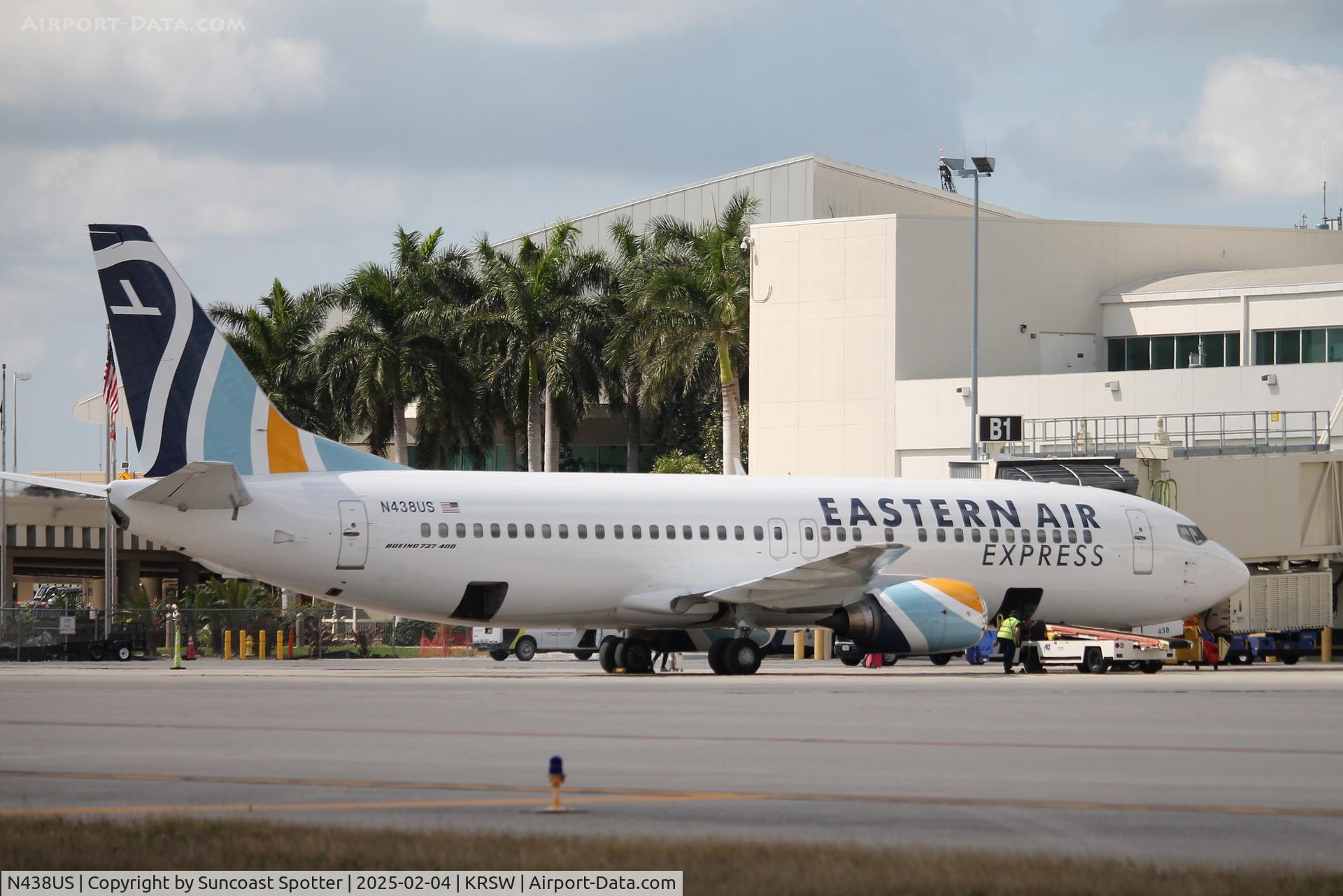 N438US, 1990 Boeing 737-4B7 C/N 24560, Eastern Air Express Flight 2150sits at Gate B1 at Southwest Florida International Airport following flight from Jose Marti International Airport