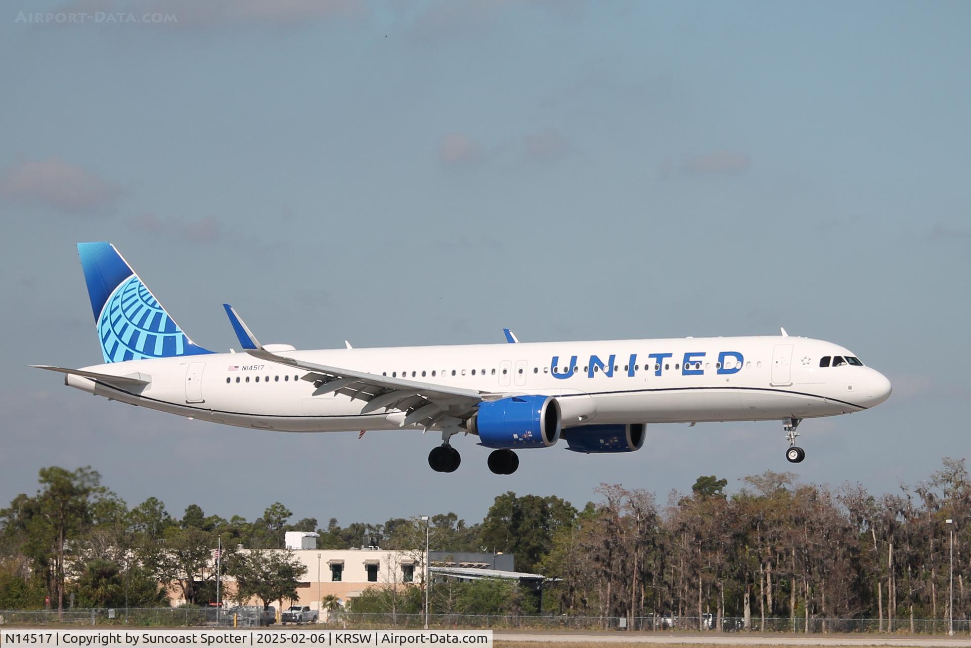 N14517, 2024 Airbus A321-271NX C/N 12101, United Flight 1740 arrives on Runway 6 at Southwest Florida International Airport following flight from Chicago-O’Hare International Airport
