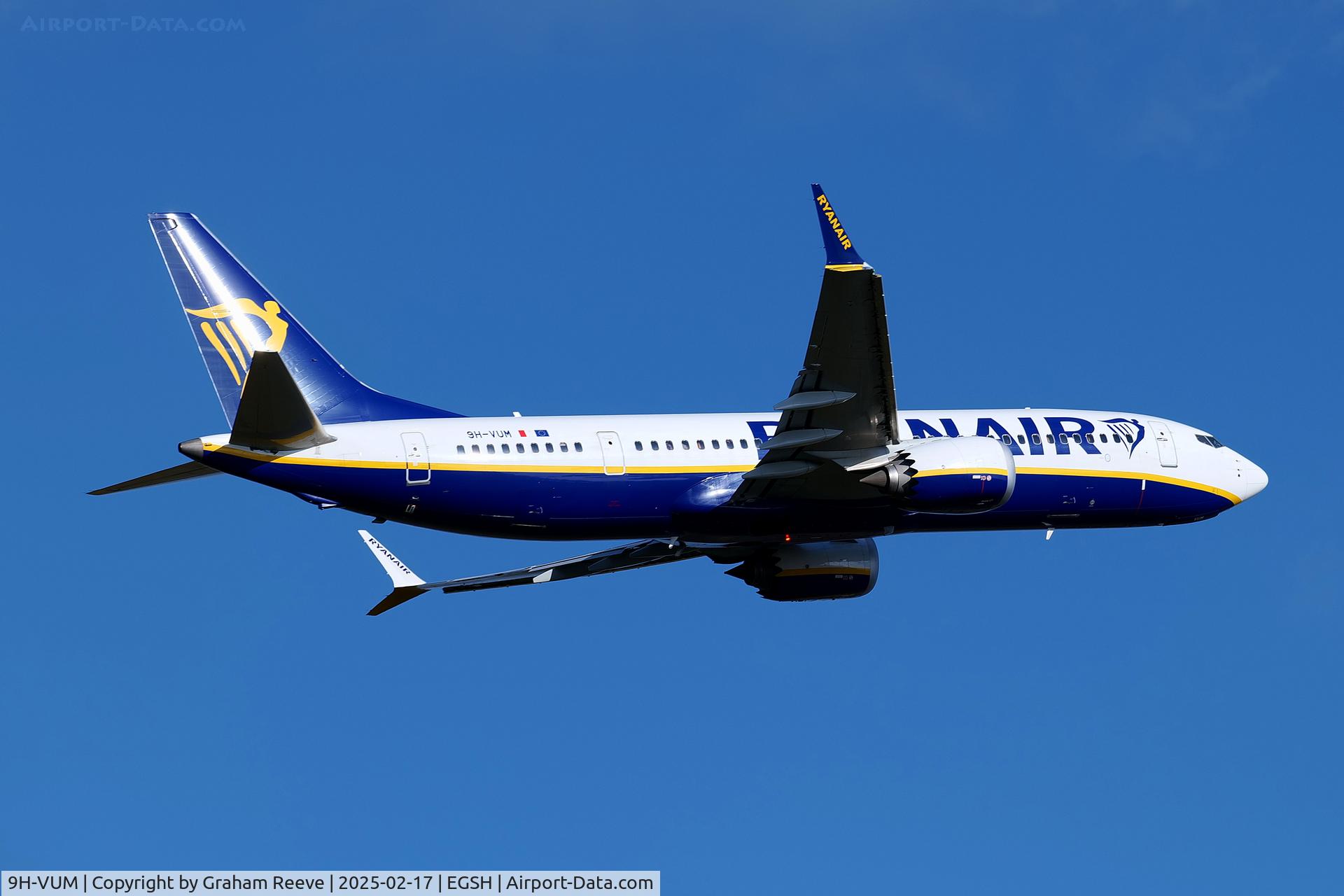9H-VUM, 2021 Boeing 737-8 MAX C/N 65084, Departing from Norwich.