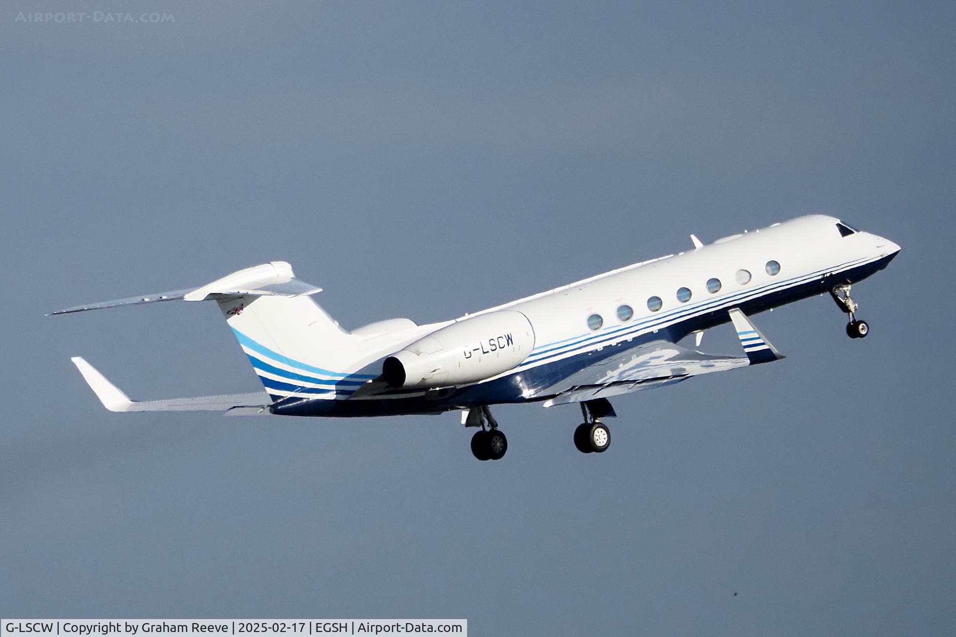 G-LSCW, 2014 Gulfstream Aerospace GV-SP (G550) C/N 5471, Departing from Norwich.