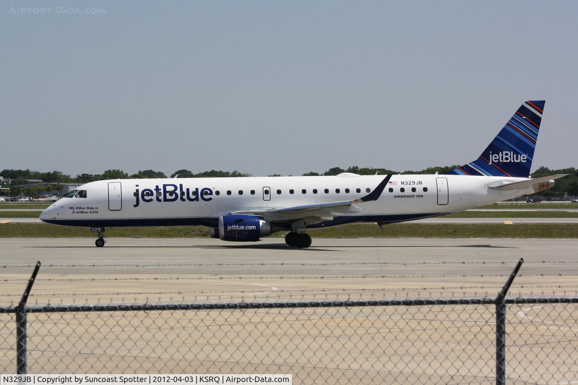 N329JB, Embraer ERJ-190-100 IGW 190AR C/N 19000433, JetBlue Flight 1187 arrives on Runway 14 at Sarasota-Bradenton International Airport following a flight from Boston Logan International Airport
