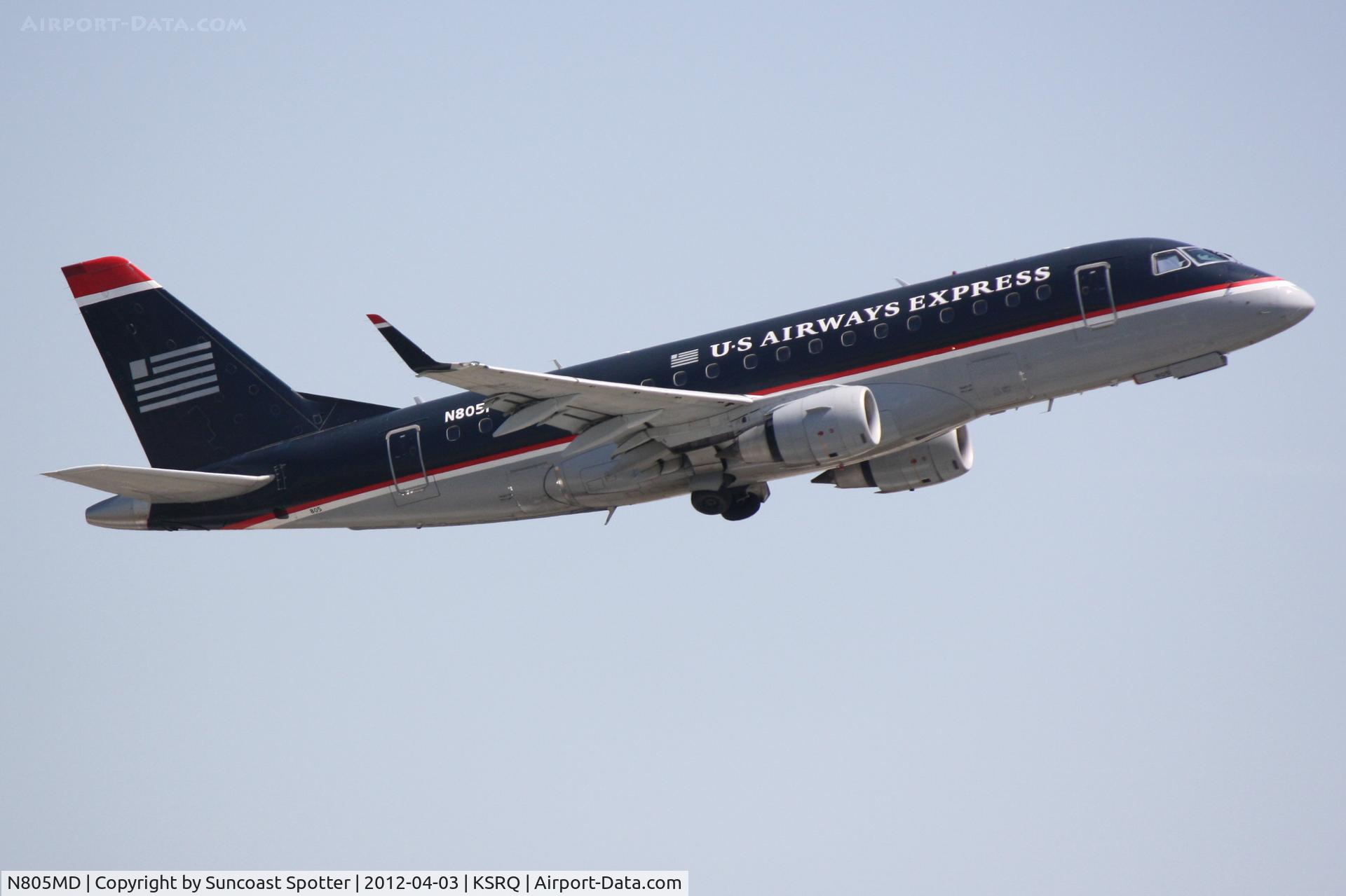 N805MD, 2004 Embraer 170SU (ERJ-170-100SU) C/N 17000018, Republic/US Air Flight 3396 departs Runway 14 at Sarasota-Bradenton International Airport enroute to Reagan National Airport