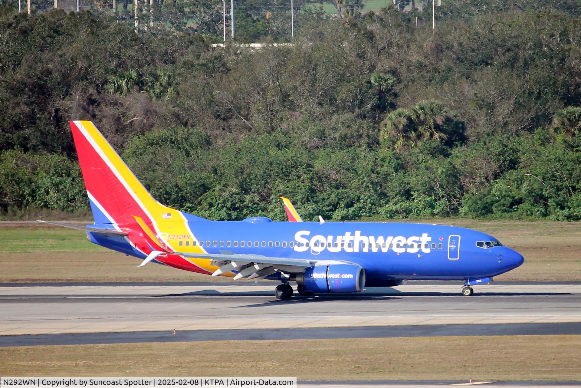 N292WN, 2007 Boeing 737-7H4 C/N 32538, Southwest Flight 1404 arrives on Runway 1L at Tampa International Airport following flight from St Louis-Lambert International Airport