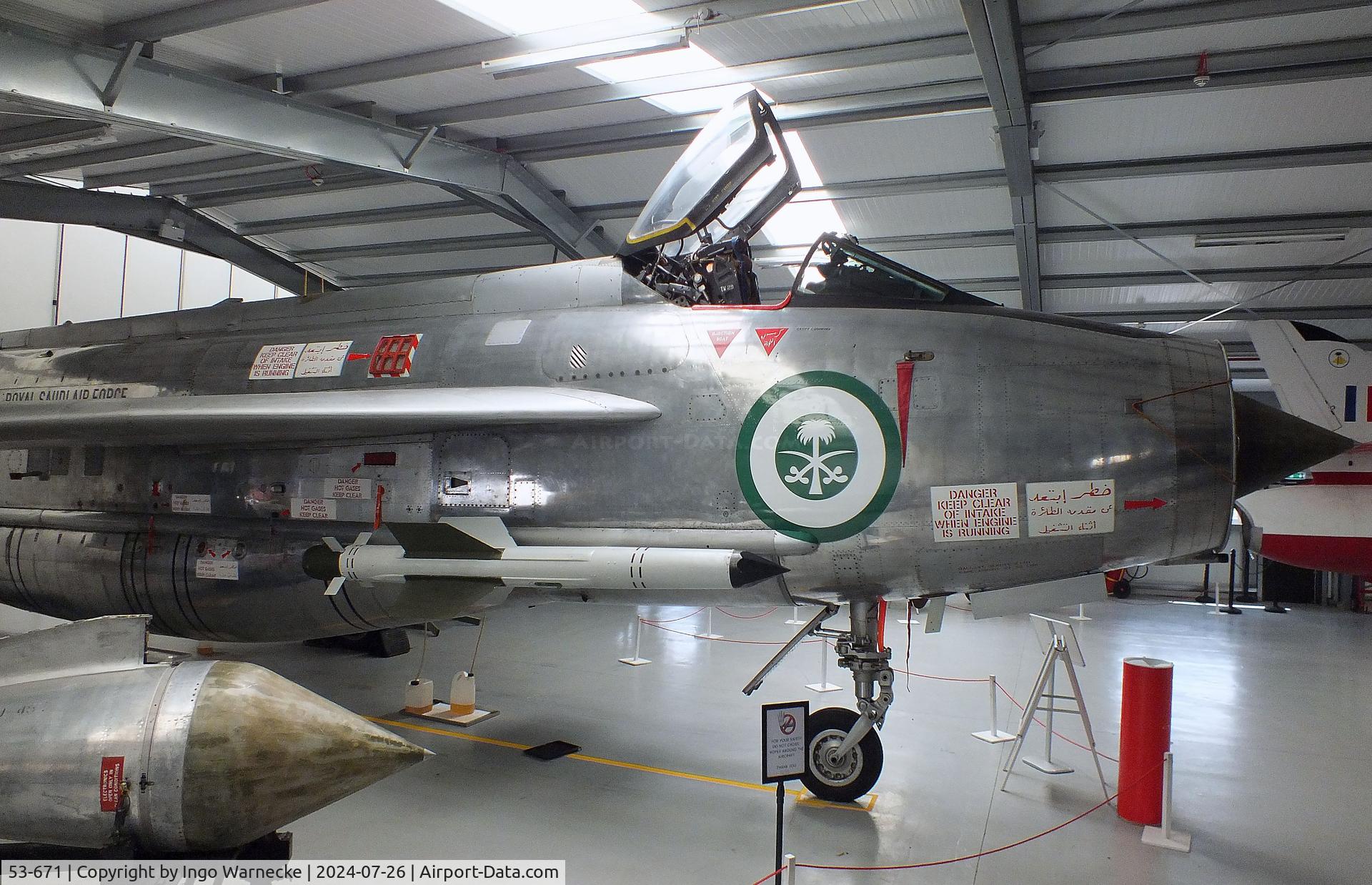 53-671, 1968 English Electric Lightning F.53 C/N 95276, English Electric Lightning F53 restored to its original RSAF markings at the Gatwick Aviation Museum, Charlwood