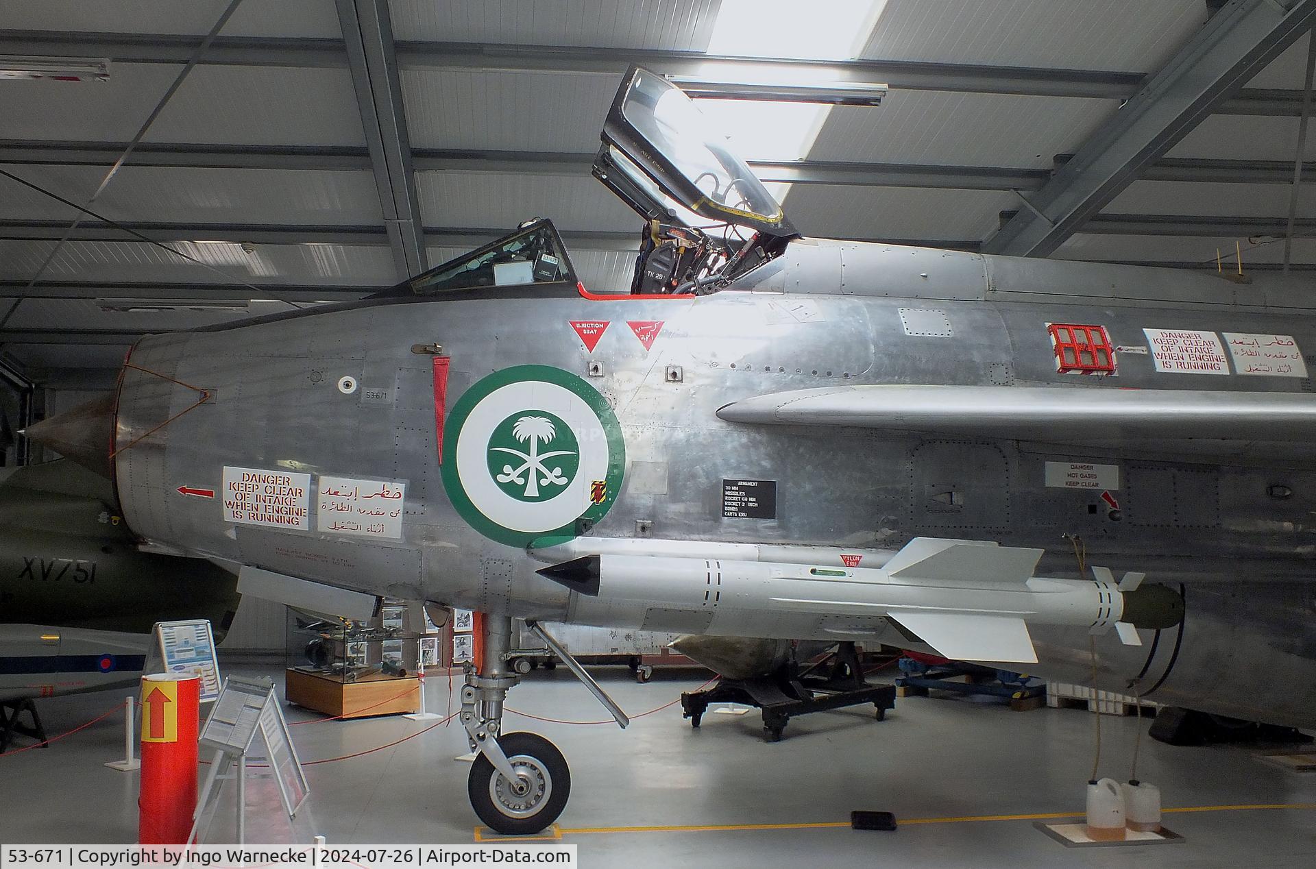 53-671, 1968 English Electric Lightning F.53 C/N 95276, English Electric Lightning F53 restored to its original RSAF markings at the Gatwick Aviation Museum, Charlwood