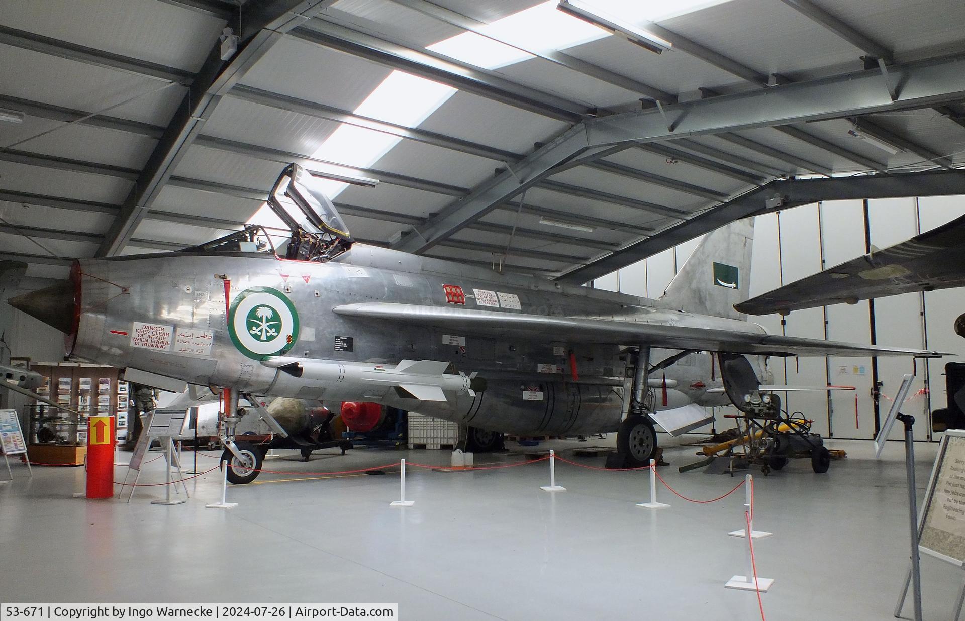 53-671, 1968 English Electric Lightning F.53 C/N 95276, English Electric Lightning F53 restored to its original RSAF markings at the Gatwick Aviation Museum, Charlwood
