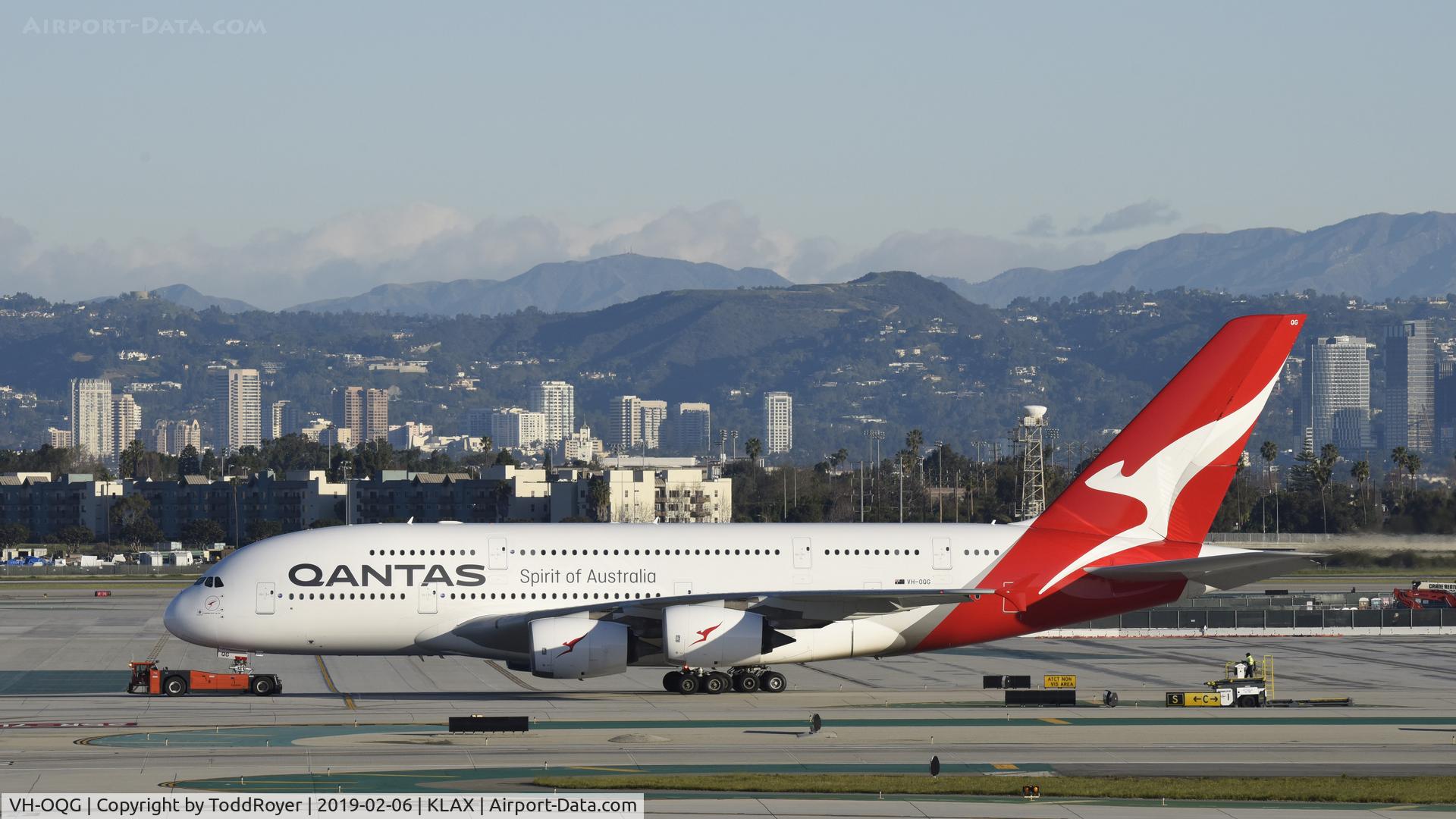 VH-OQG, 2009 Airbus A380-842 C/N 047, Getting towed to parking at LAX