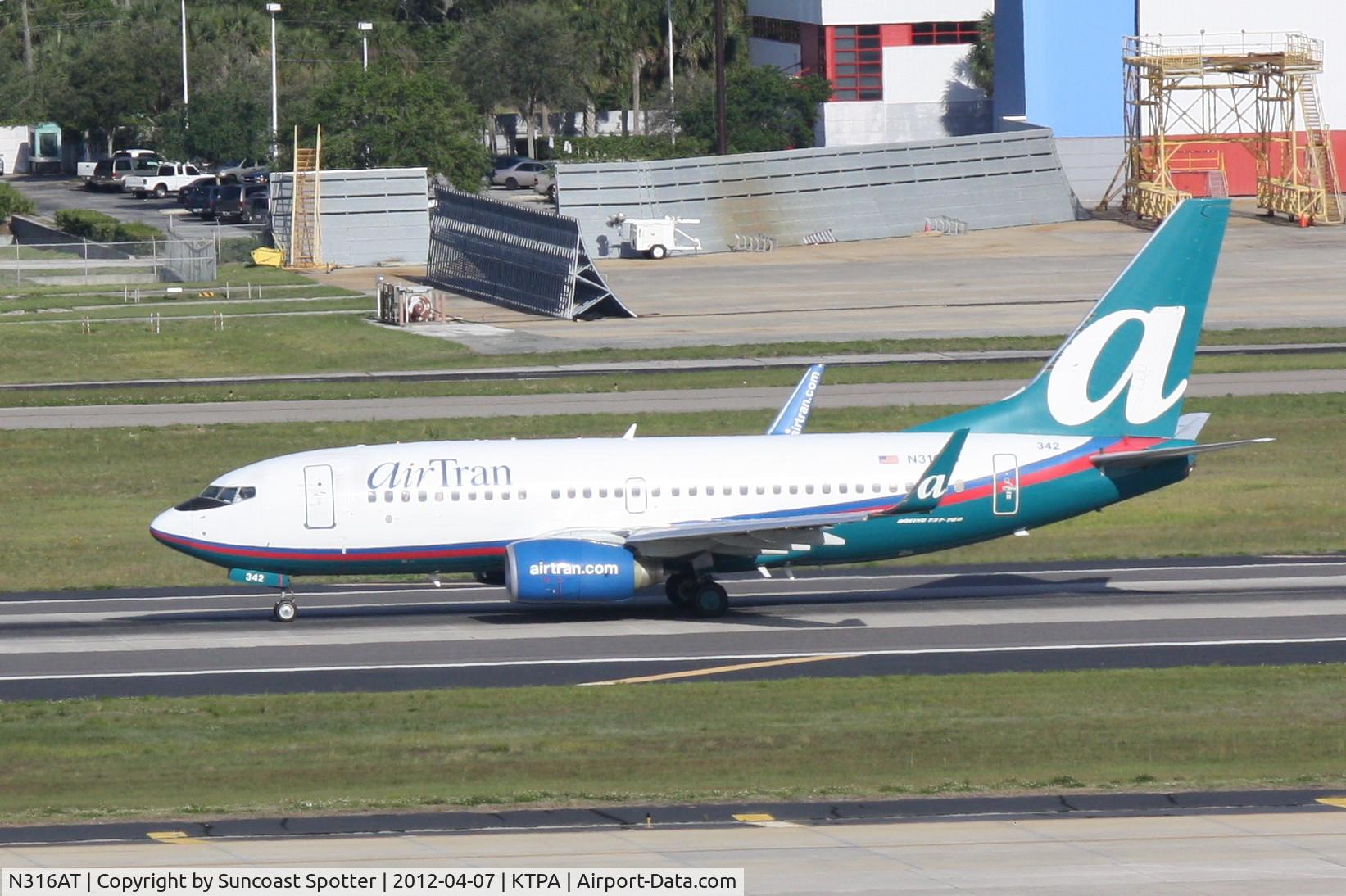 N316AT, 2007 Boeing 737-7BD C/N 33928, AirTran Flight 120 departs Runway 1R at Tampa International Airport enroute to Hartsfield-Jackson Atlanta International Airport