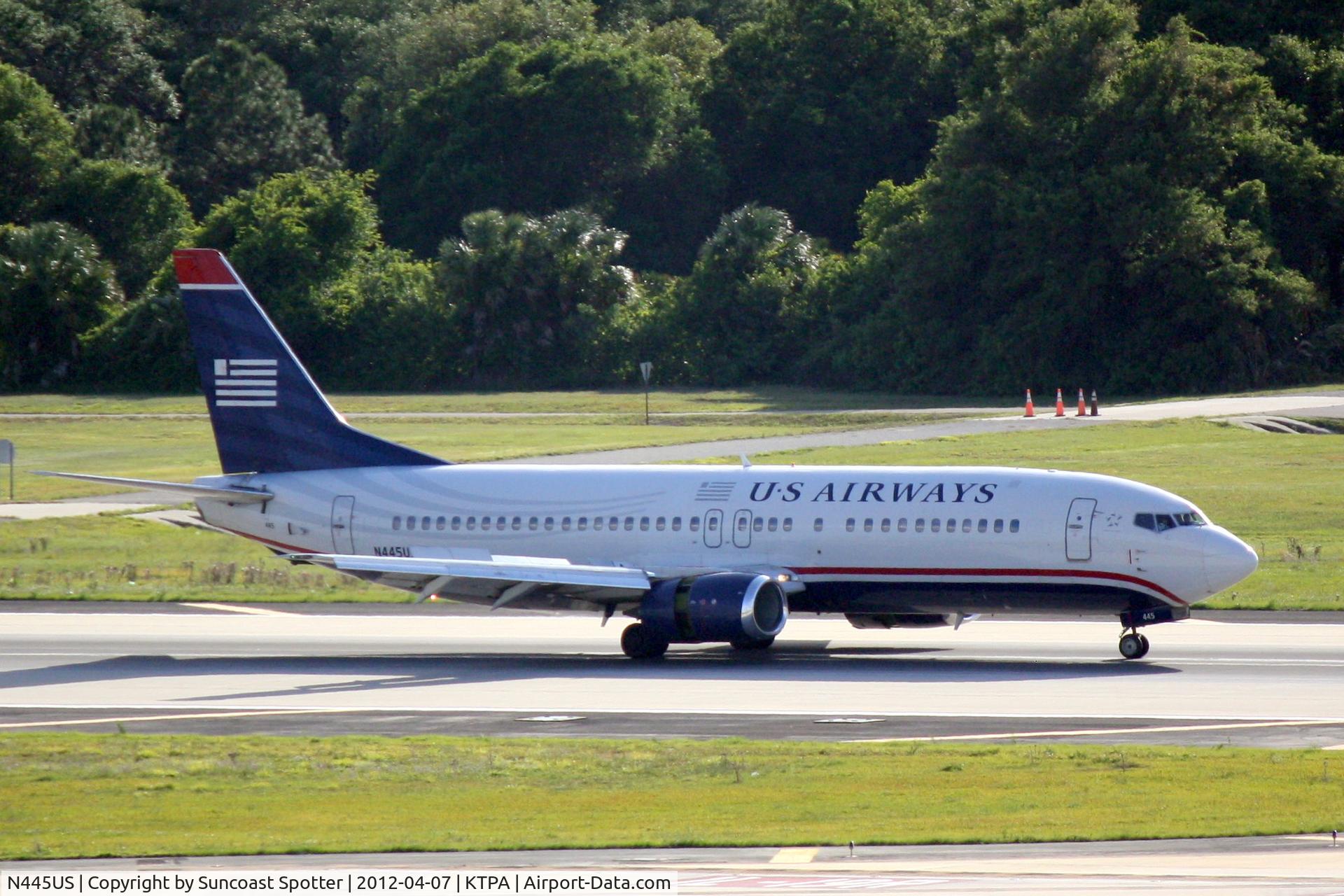 N445US, 1990 Boeing 737-4B7 C/N 24863, US Air Flight 1291 arrives on Runway 1L at Tampa International Airport following a flight from Charlotte/Douglas International Airport