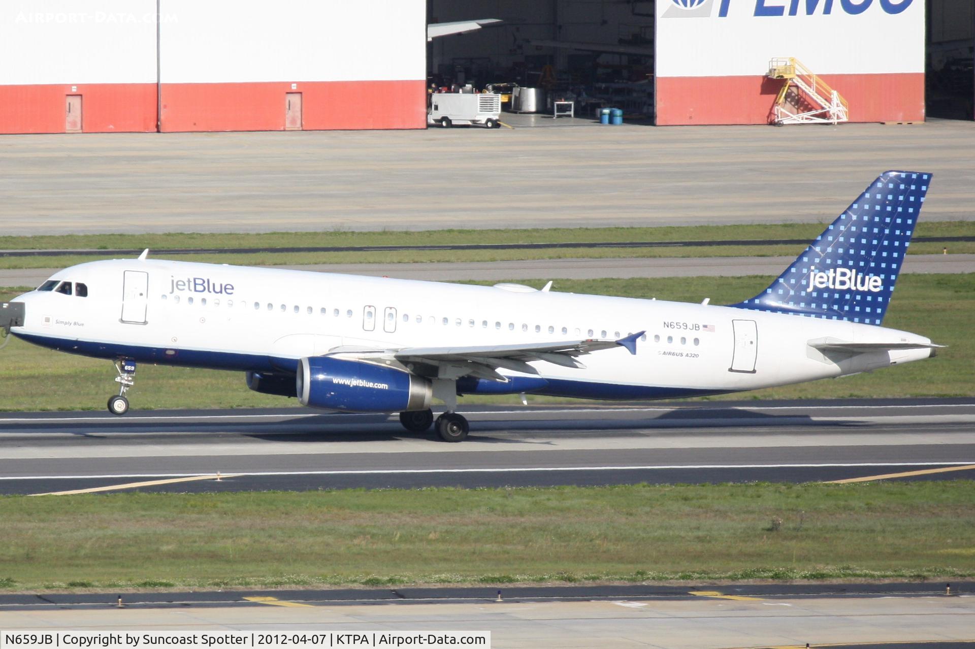 N659JB, 2007 Airbus A320-232 C/N 3190, JetBlue Flight 28 departs Runway 1R at Tampa International Airport enroute to John F Kennedy International Airport