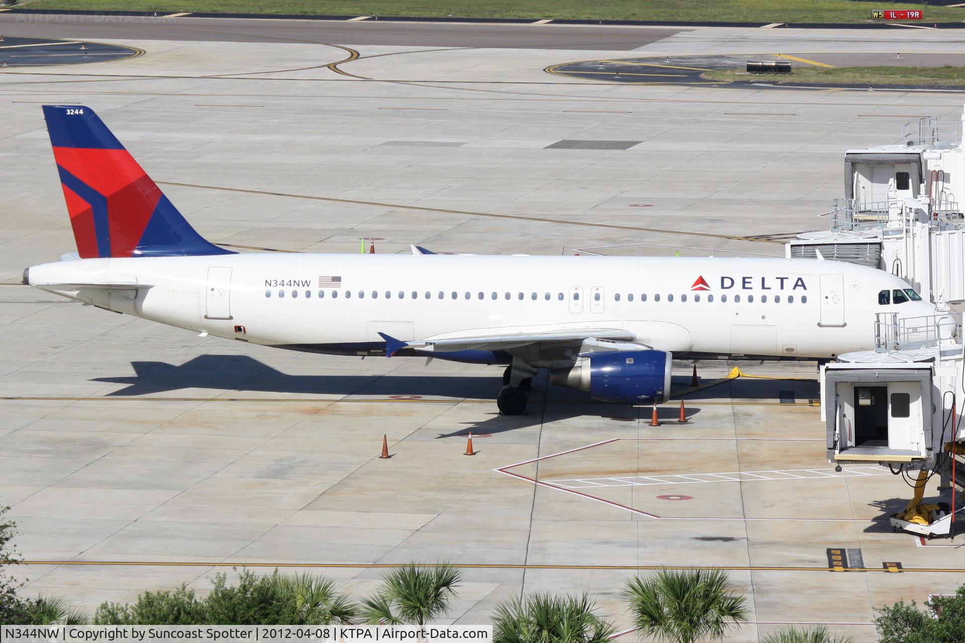 N344NW, 1993 Airbus A320-212 C/N 388, Delta Flight 892 sits at the terminal at Tampa International Airport following a flight from Detroit Metro-Wayne County International Airport