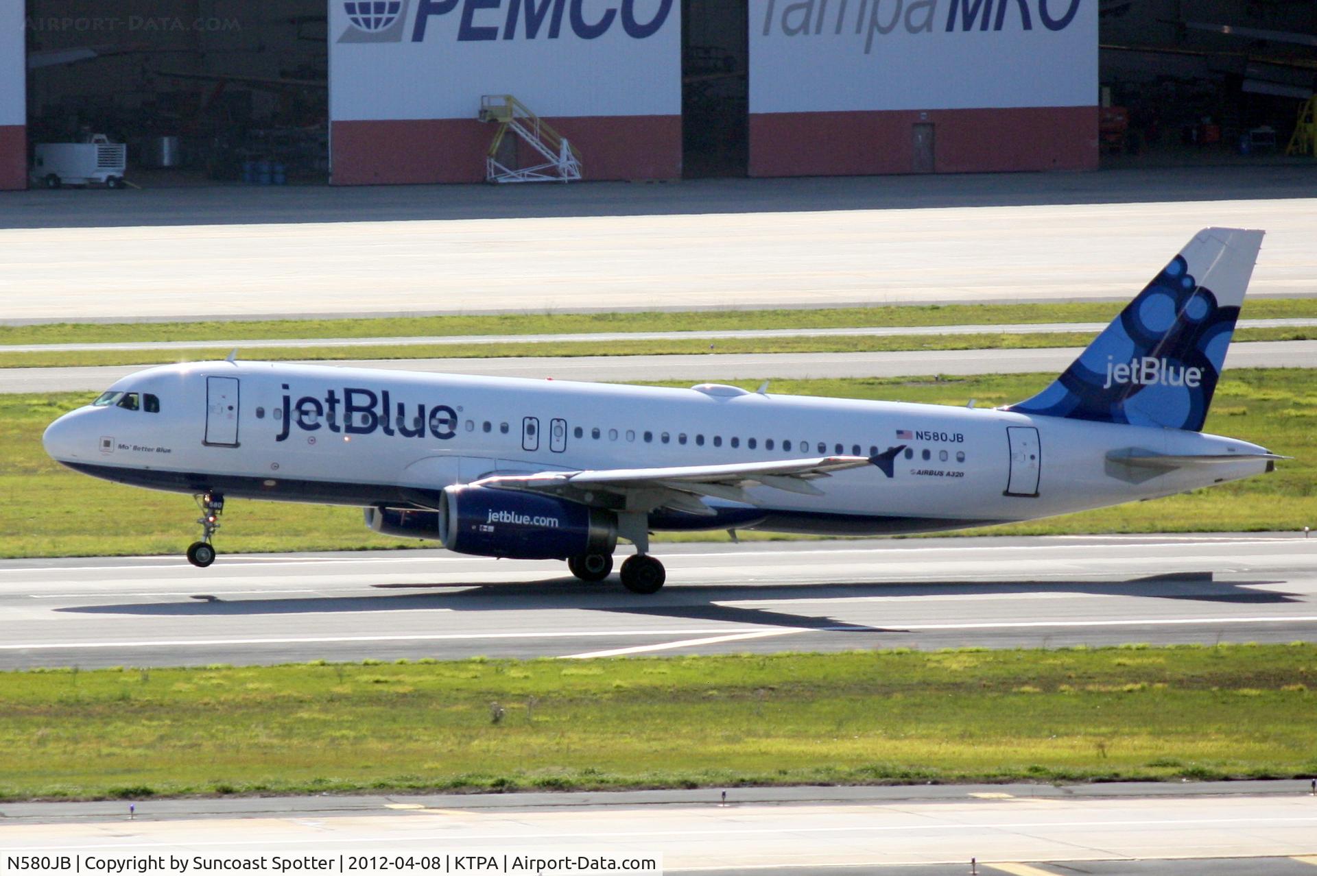 N580JB, 2003 Airbus A320-232 C/N 2136, JetBlue Flight 40 departs Runway 1R at Tampa International Airport enroute to John F Kennedy International Airport