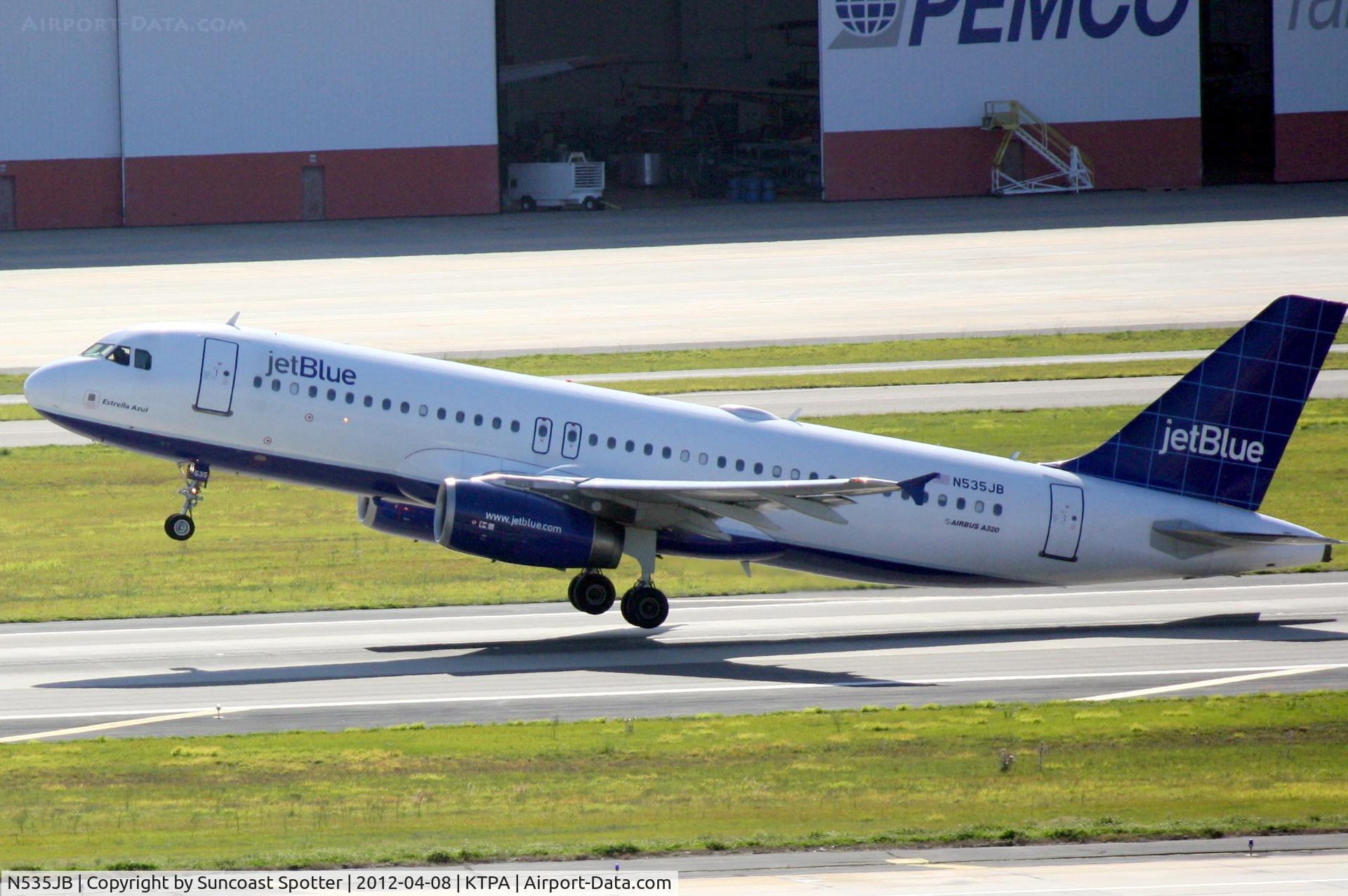 N535JB, 2002 Airbus A320-232 C/N 1739, JetBlue Flight 440 departs Runway 1R at Tampa International Airport enroute to Boston Logan International Airport