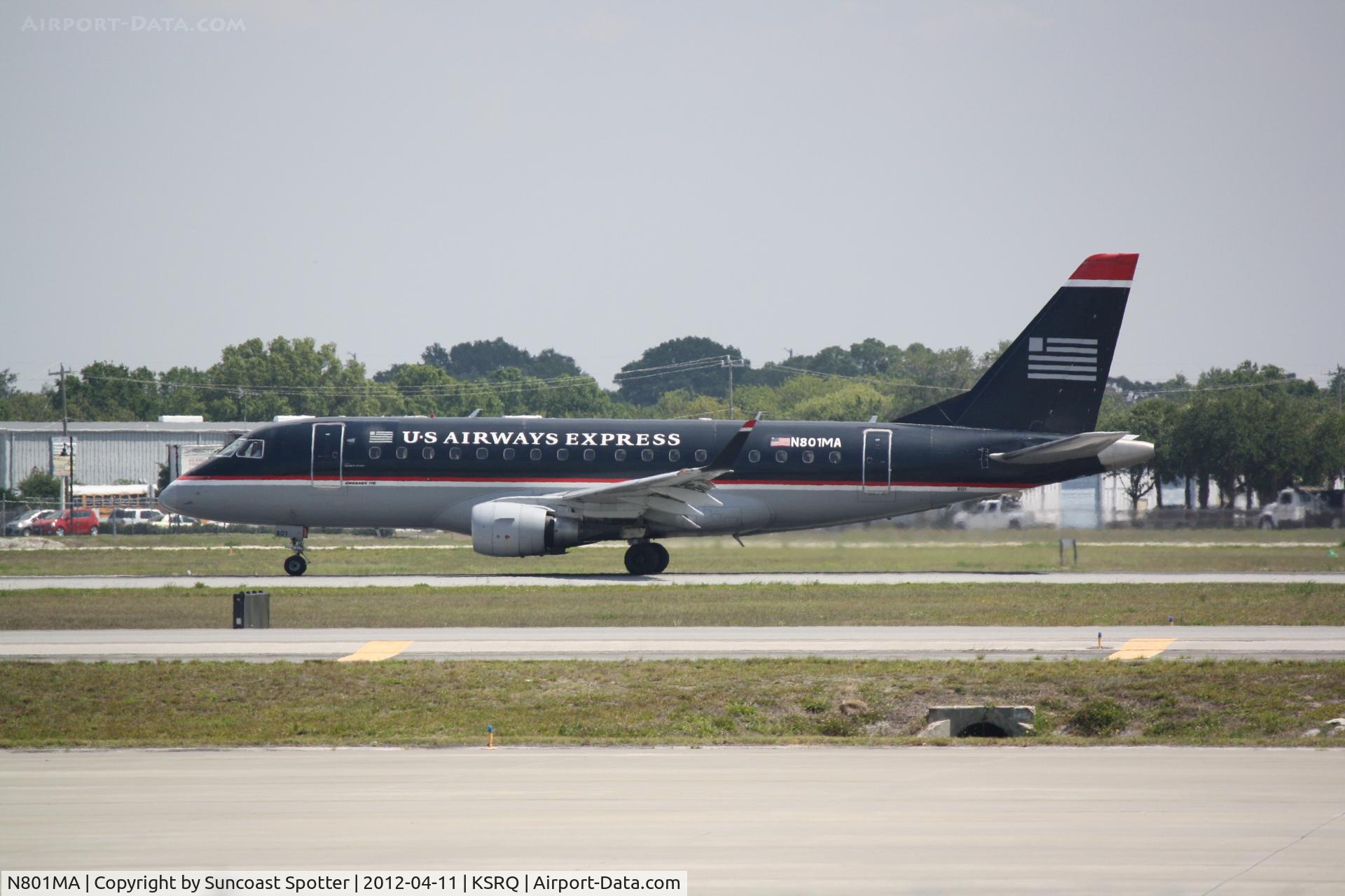 N801MA, 2004 Embraer 170SU (ERJ-170-100SU) C/N 17000012, Republic/US Air Flight 3396 departs Runway 32 at Sarasota-Bradenton International Airport enroute to Reagan National Airport