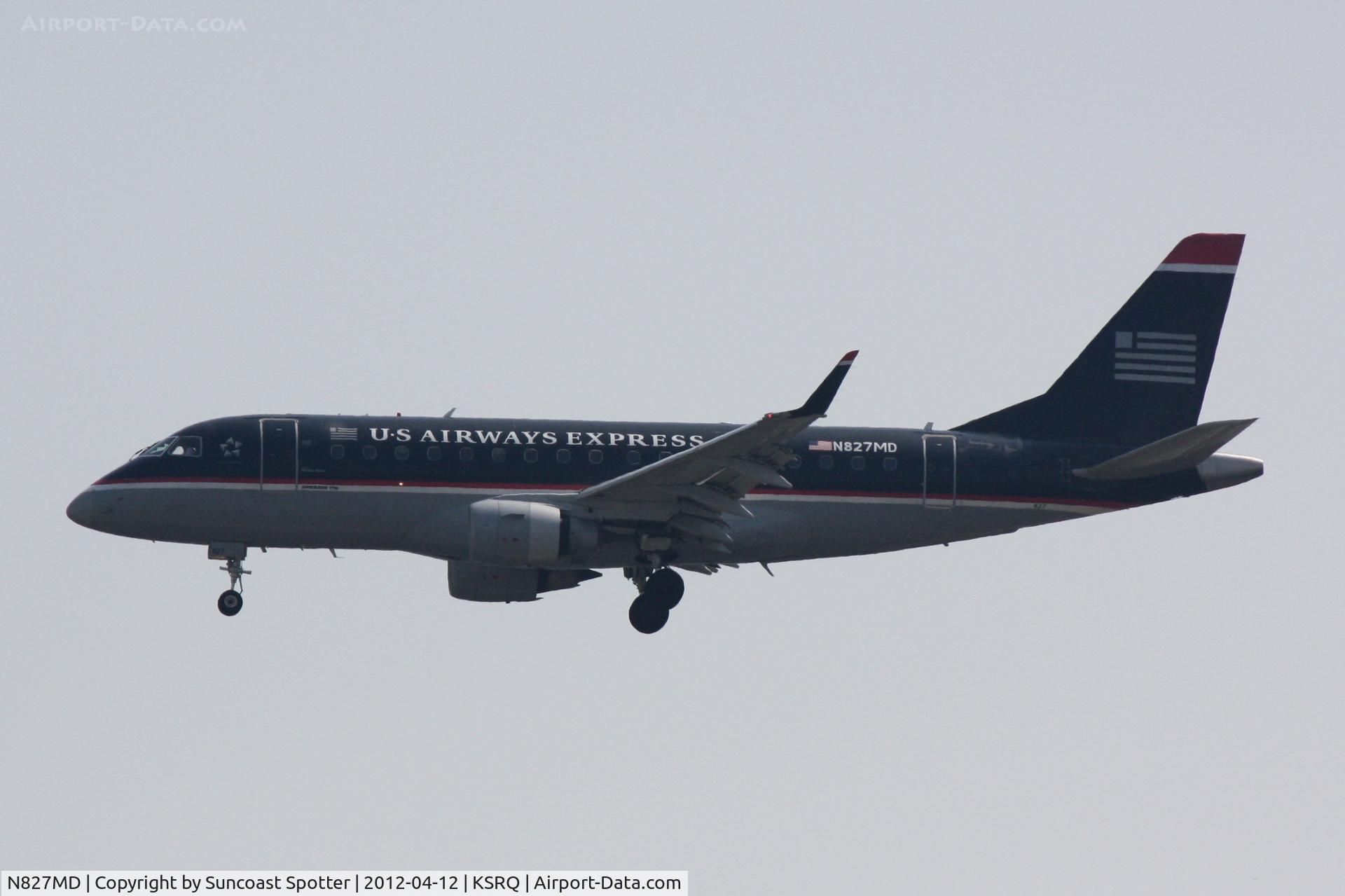 N827MD, 2005 Embraer 170SU (ERJ-170-100SU) C/N 17000047, Republic/US Air Flight 3327 on approach to Runway 32 at Sarasota-Bradenton International Airport following a flight from Reagan National Airport