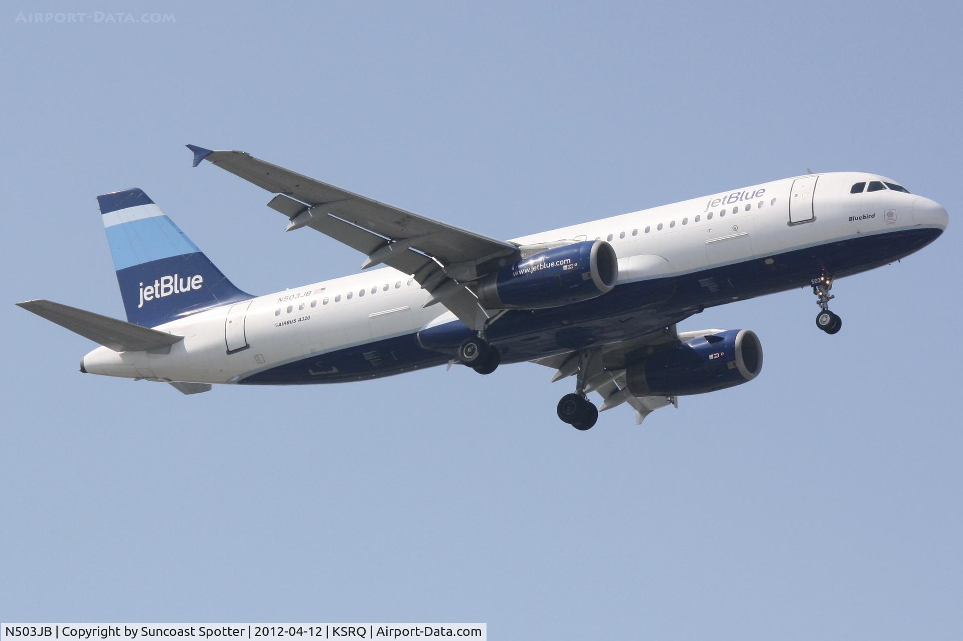 N503JB, 1999 Airbus A320-232 C/N 1123, JetBlue Flight 341 on approach to Runway 32 at Sarasota-Bradenton International Airport following a flight from John F Kennedy International Airport
