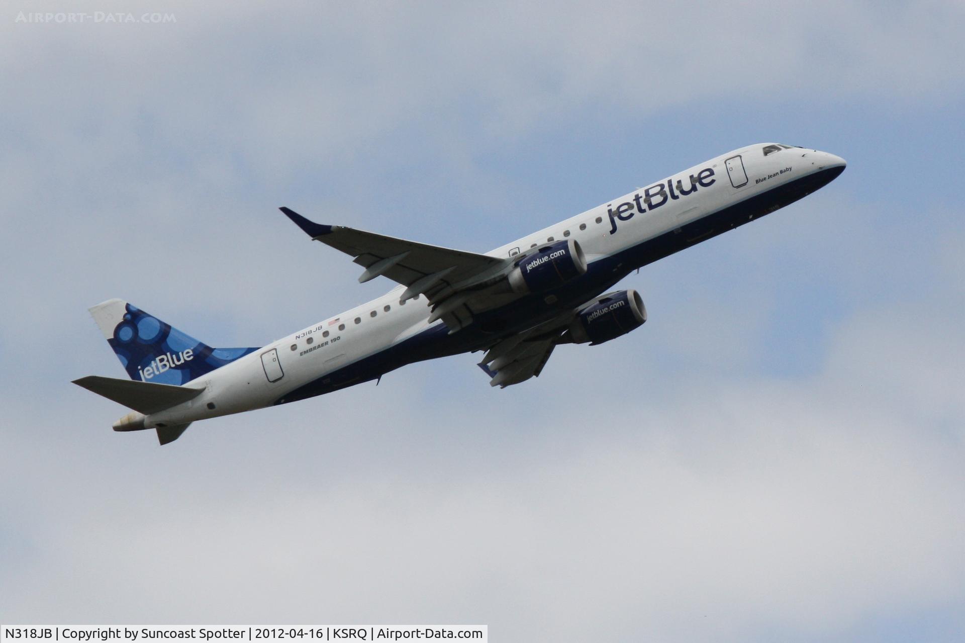 N318JB, 2010 Embraer ERJ-190-100 IGW 190AR C/N 19000364, JetBlue Flight 1188 departs Runway 14 at Sarasota-Bradenton International Airport enroute to Boston Logan International Airport