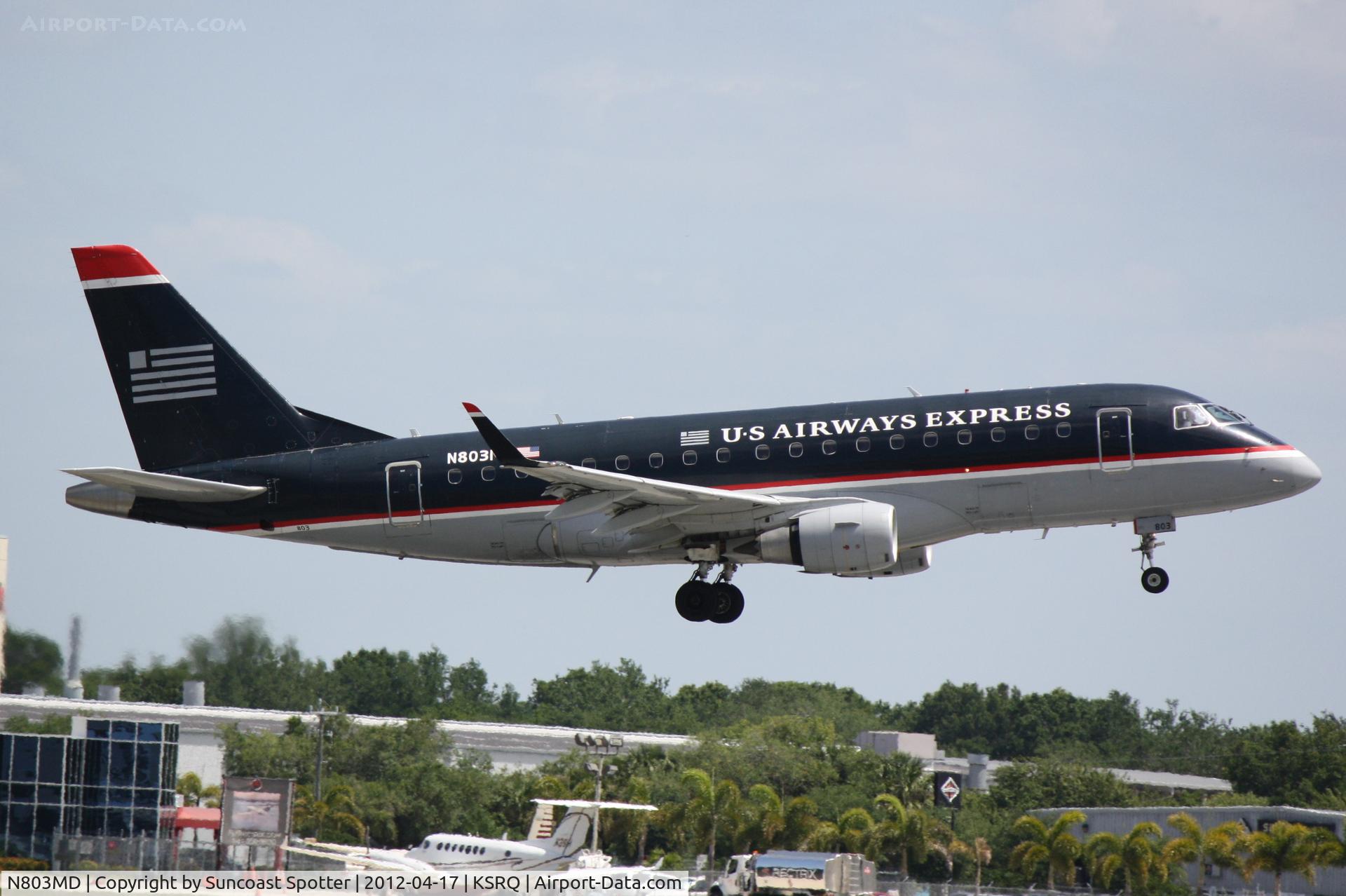 N803MD, 2004 Embraer 170SU (ERJ-170-100SU) C/N 17000015, Republic/US Air Flight 3396 departs Runway 14 at Sarasota-Bradenton International Airport enroute to Reagan National Airport
