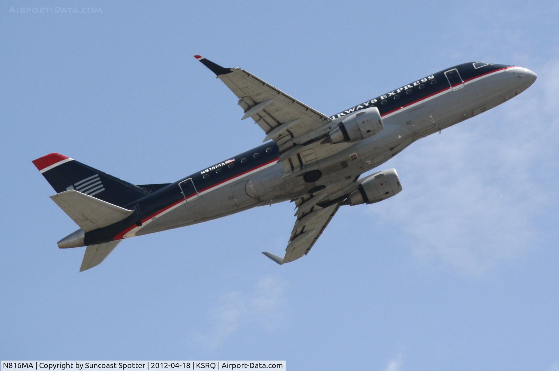 N816MA, 2004 Embraer 170SU (ERJ-170-100SU) C/N 17000037, Republic/US Air Flight 3396 departs Runway 14 at Sarasota-Bradenton International Airport enroute to Reagan National Airport