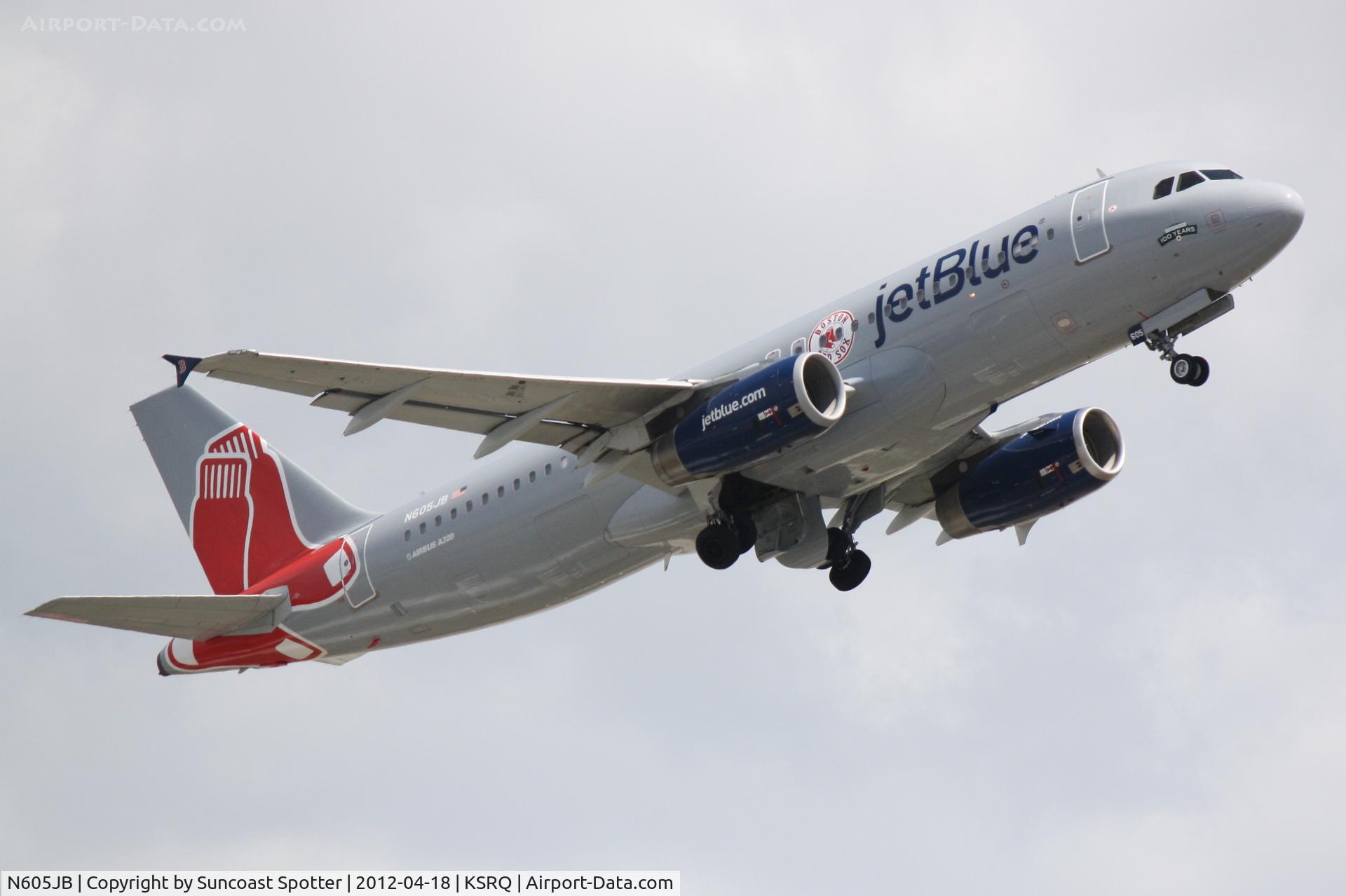 N605JB, 2005 Airbus A320-232 C/N 2368, JetBlue Flight 346 departs Runway 14 at Sarasota-Bradenton International Airport enroute to John F Kennedy International Airport