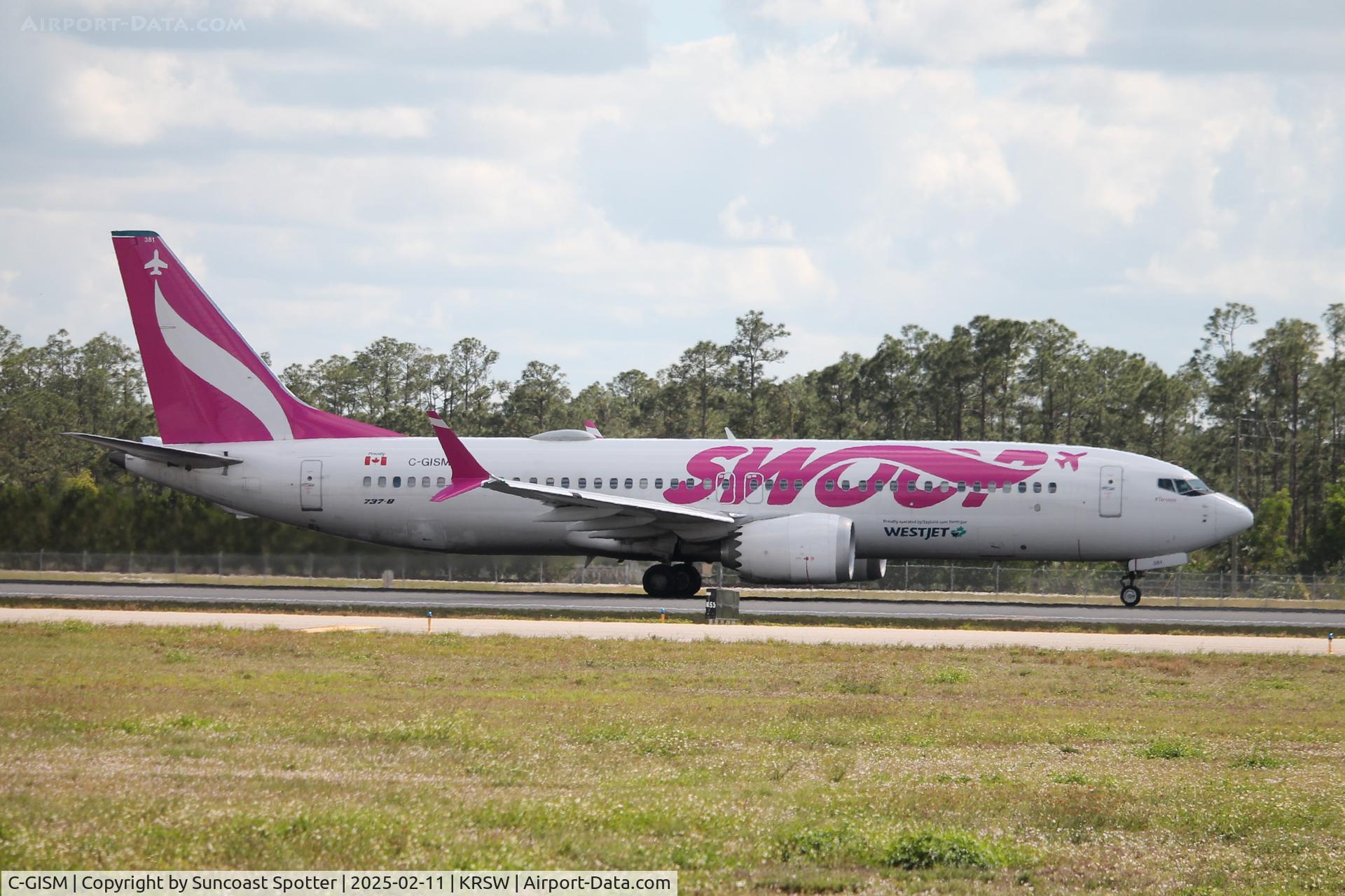 C-GISM, 2019 Boeing 737-8 MAX C/N 42840, WestJet Flight 1237 departs Runway 24 at Southwest Florida International Airport enroute to Toronto-Pearson International Airport