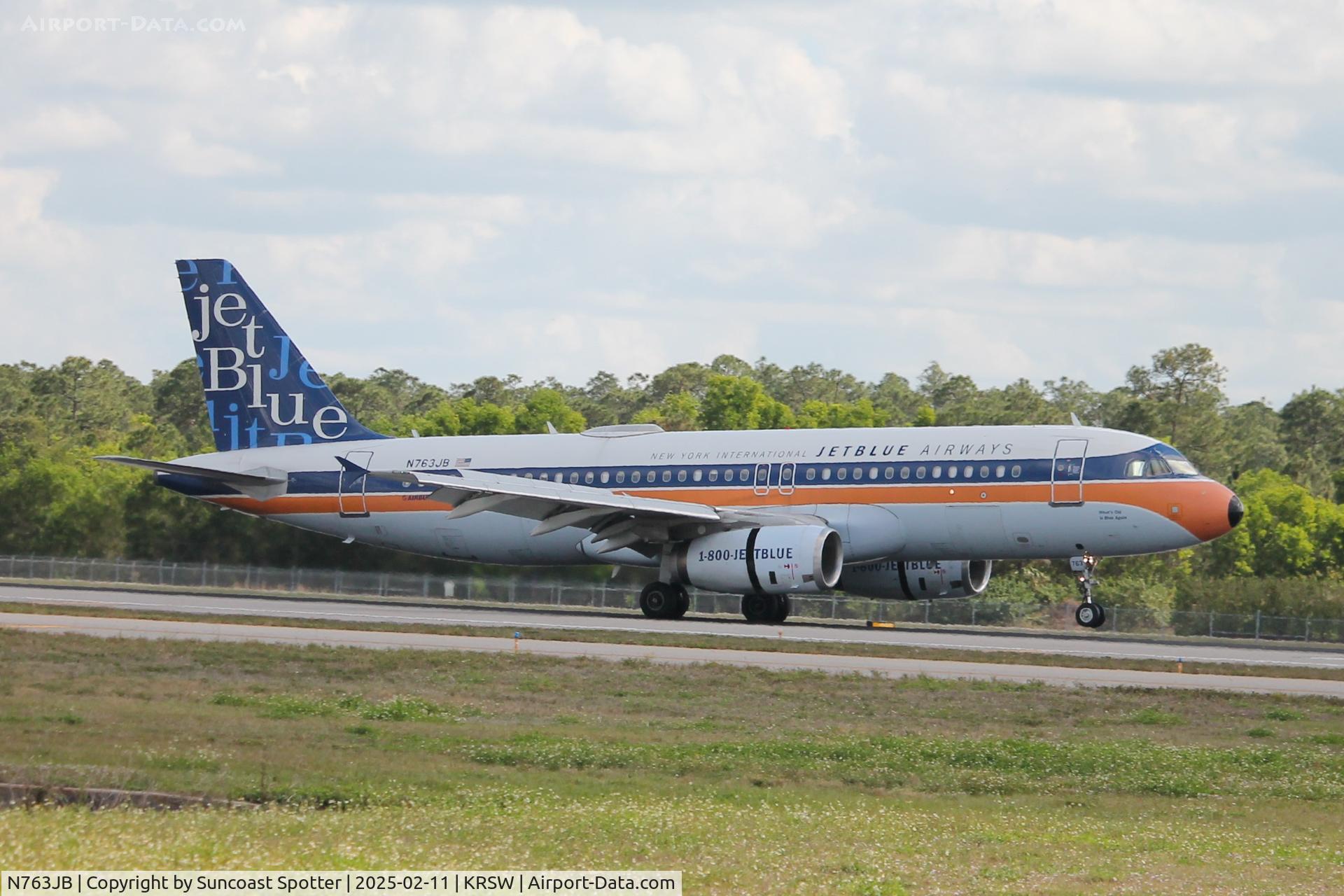 N763JB, 2008 Airbus A320-232 C/N 3707, JetBlue Flight 703 arrives on Runway 24 at Southwest Florida International Airport following flight from Bradley International Airport