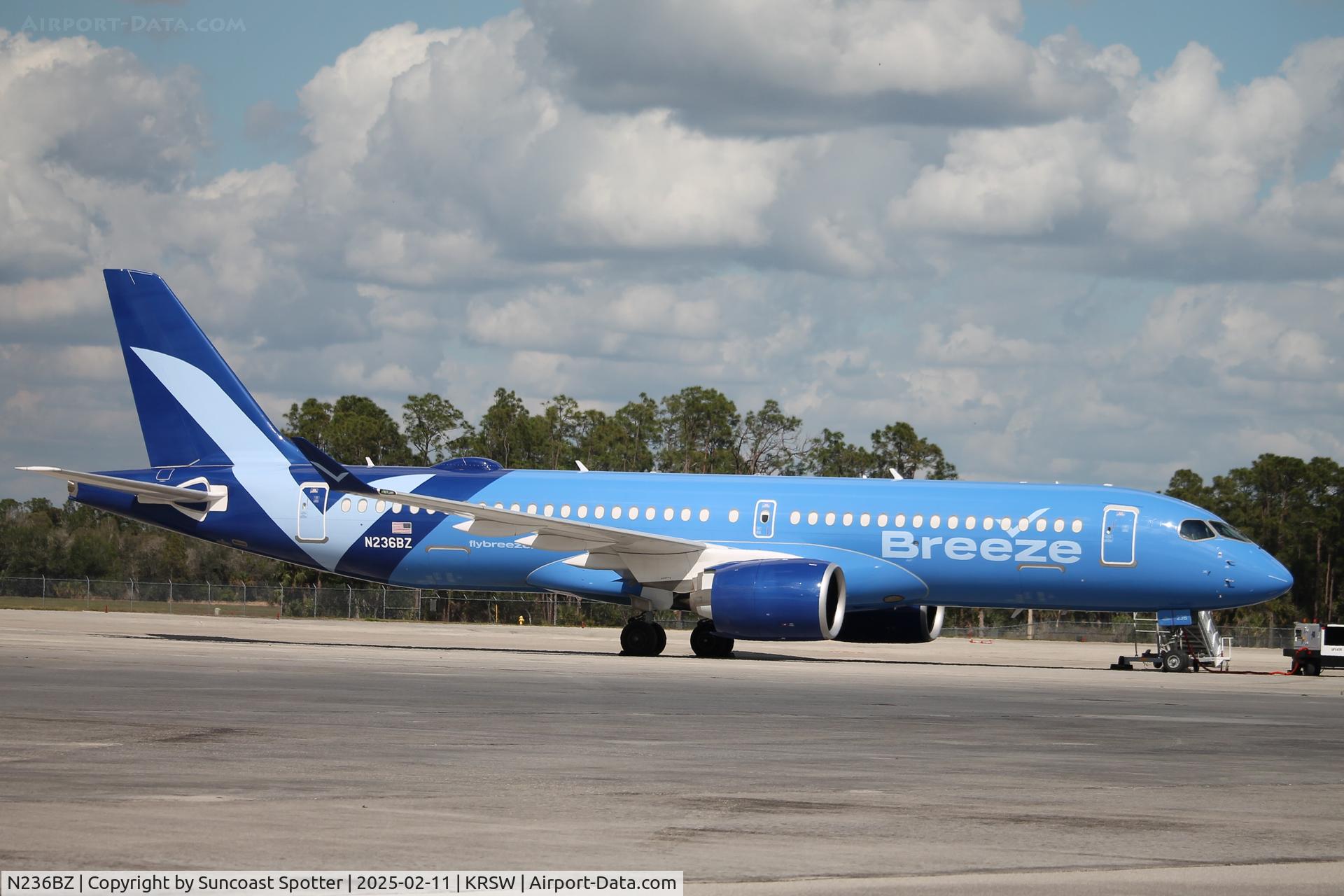 N236BZ, 2024 Airbus A220-371 C/N 55284, Breeze A220 parked on the north ramp at Southwest Florida International Airport
