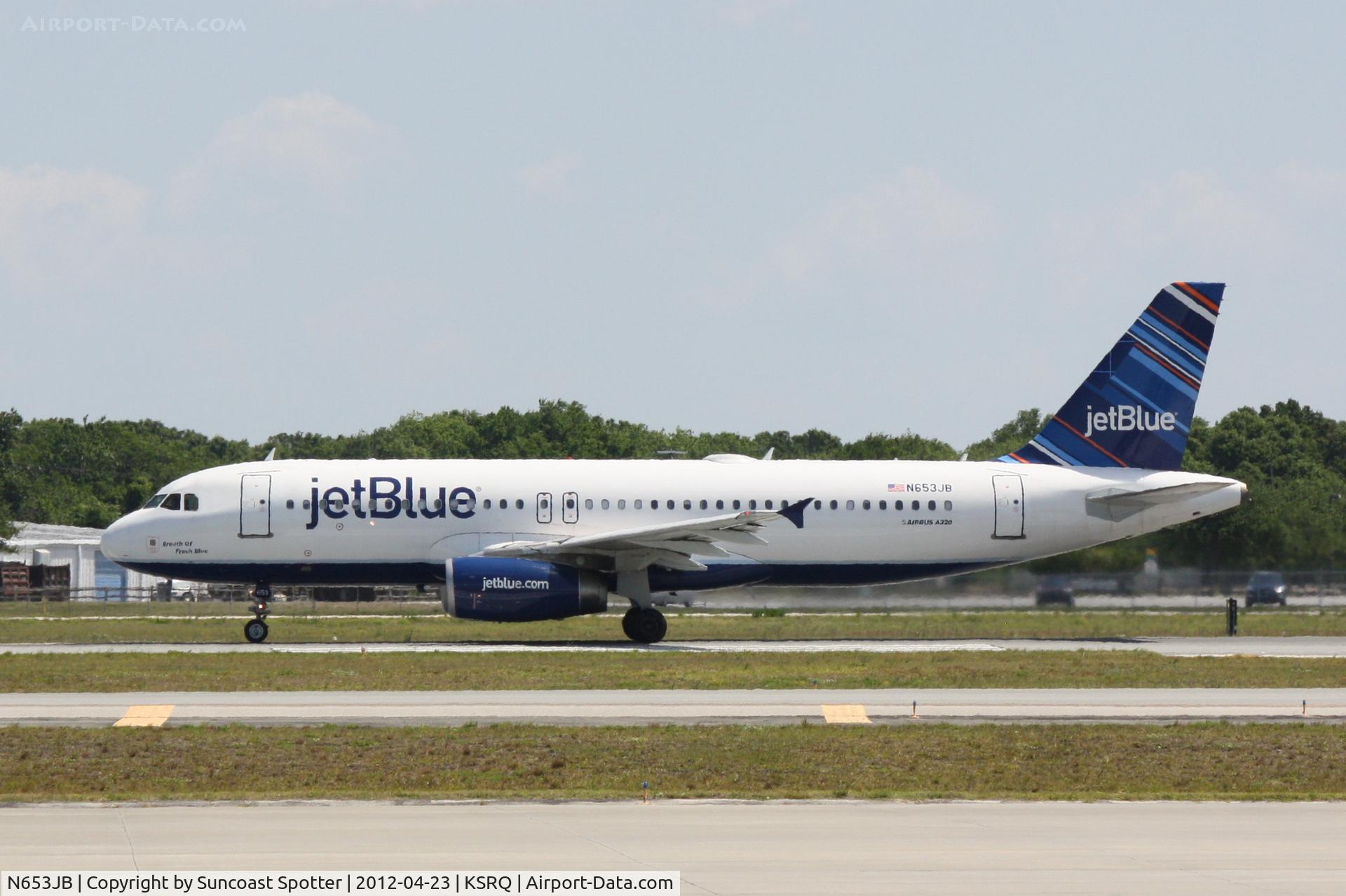 N653JB, 2007 Airbus A320-232 C/N 3039, JetBlue Flight 346 departs Runway 32 at Sarasota-Bradenton International Airport enroute to John F Kennedy International Airport
