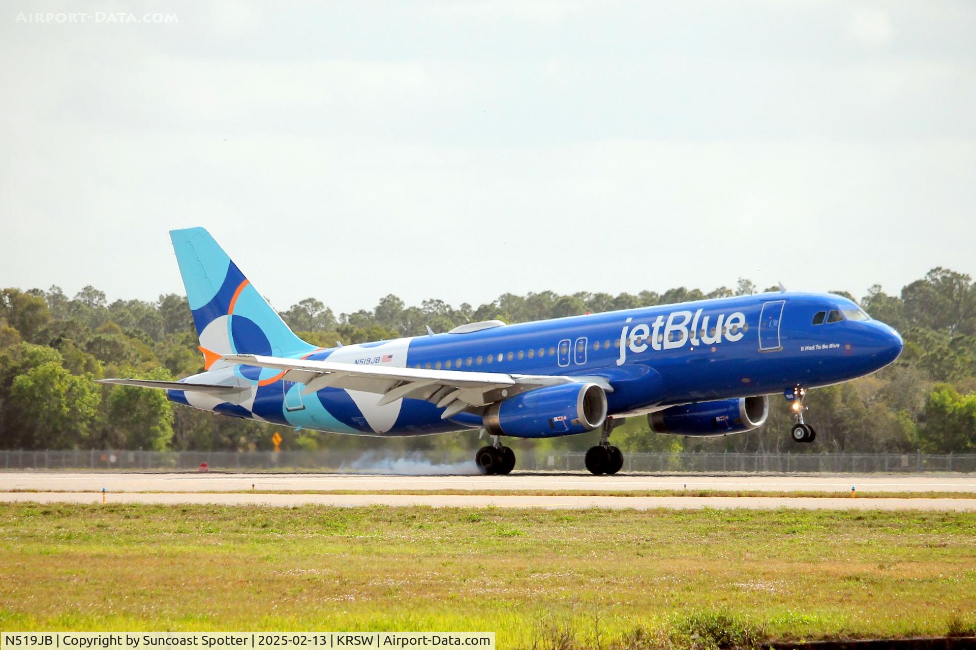 N519JB, 2001 Airbus A320-232 C/N 1398, JetBlue Flight 1891 arrives on Runway 24 at Southwest Florida International Airport following flight from TF Green Airport