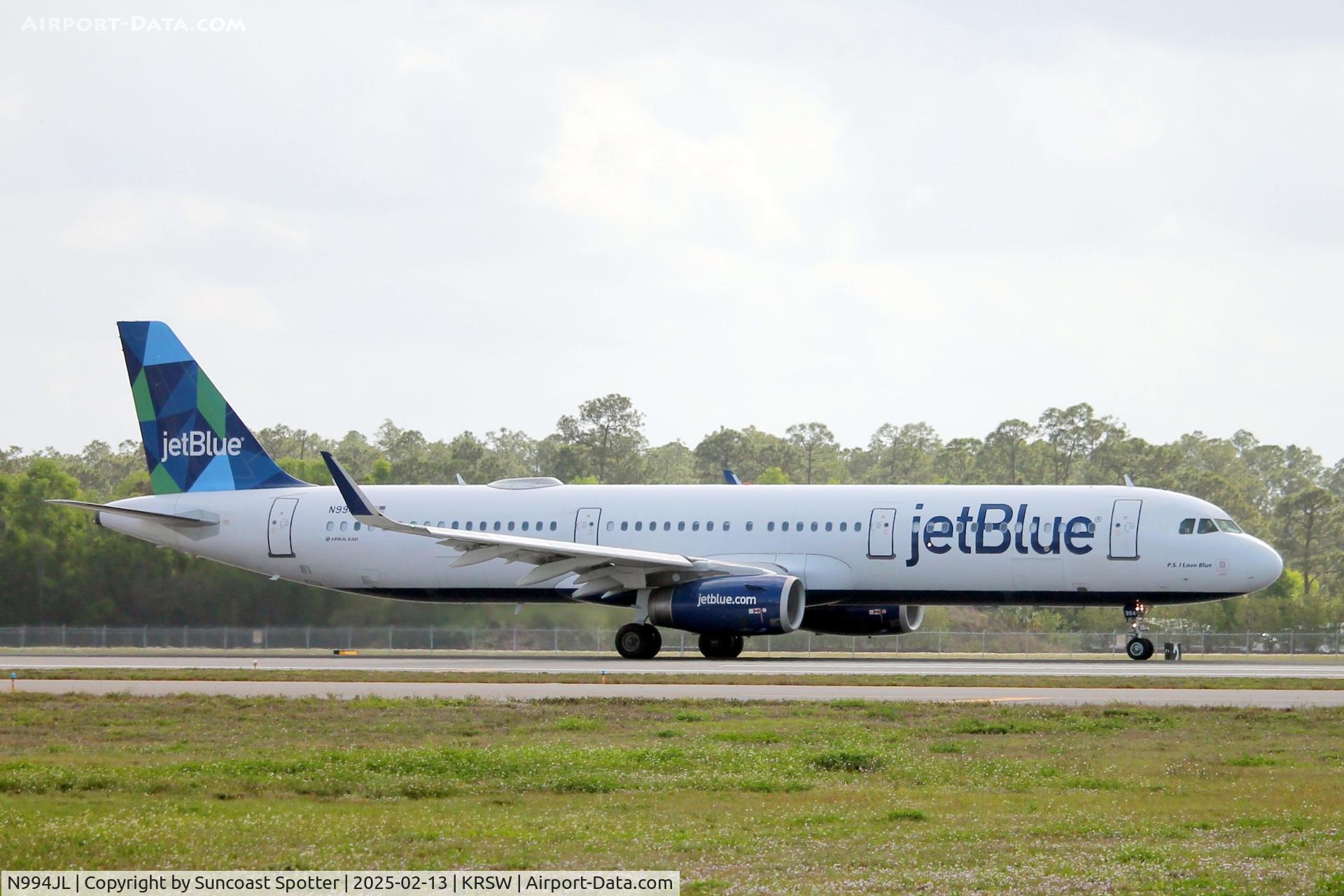 N994JL, 2018 Airbus A321-231 C/N 8185, JetBlue Flight 366 departs Runway 24 at Southwest Florida International Airport enroute to Boston-Logan International Airport