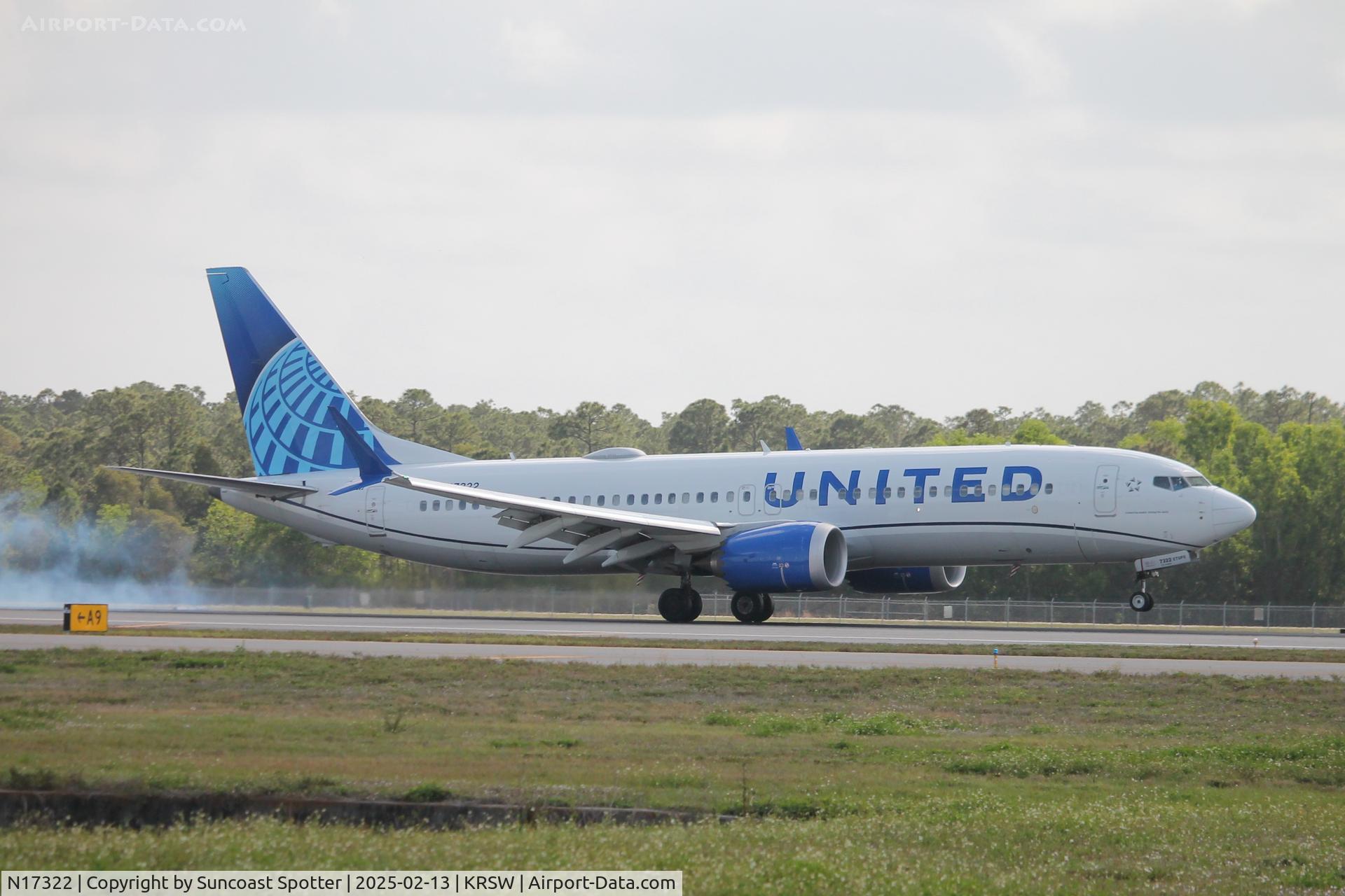 N17322, 2023 Boeing 737-8 MAX C/N 67575, United Flight 1406 arrives on Runway 24 at Southwest Florida International Airport following flight from Washington-Dulles International Airport