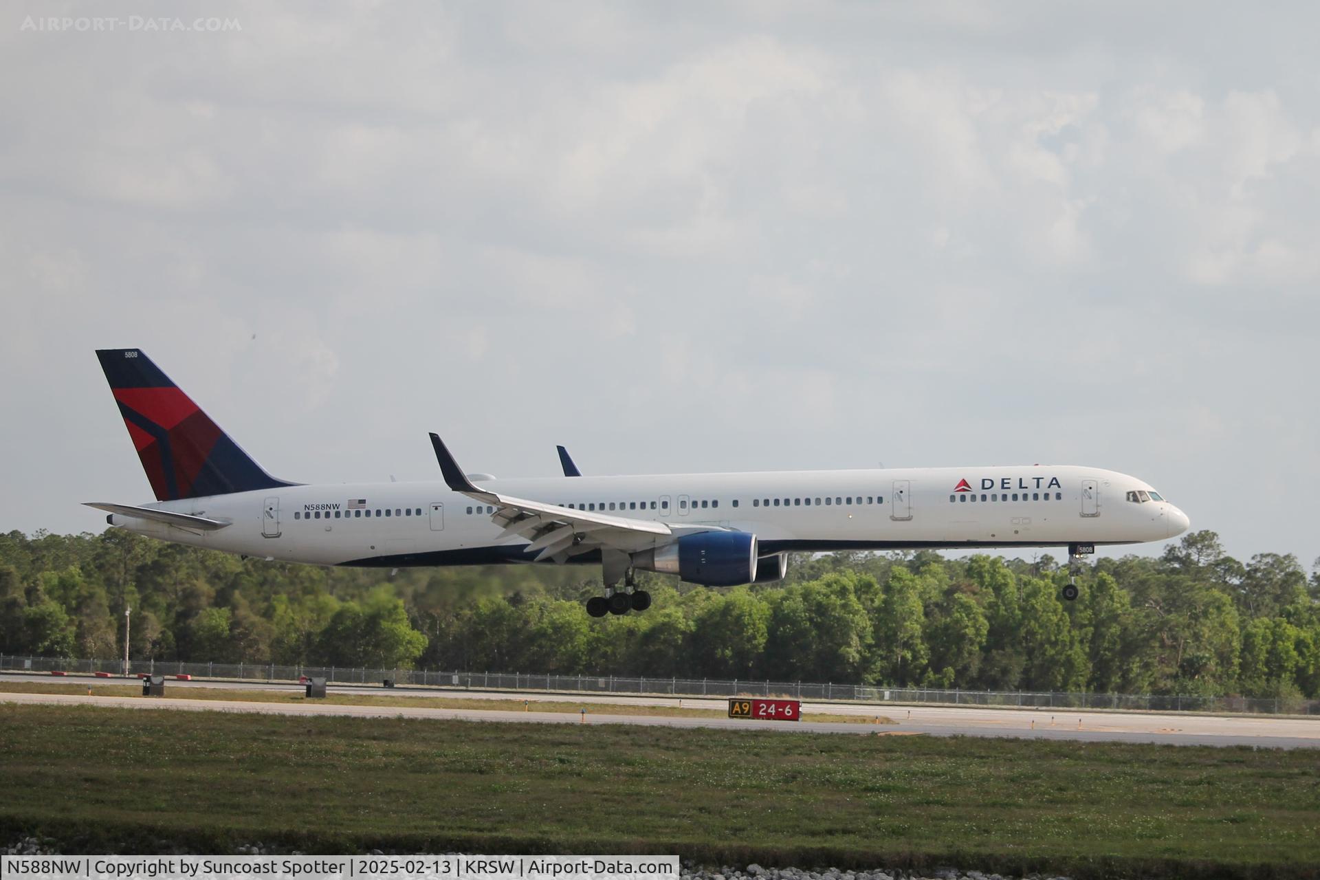 N588NW, 2003 Boeing 757-351 C/N 32988, Delta Flight 719 arrives on Runway 24 at Southwest Florida International Airport following flight from Detroit Metro Airport