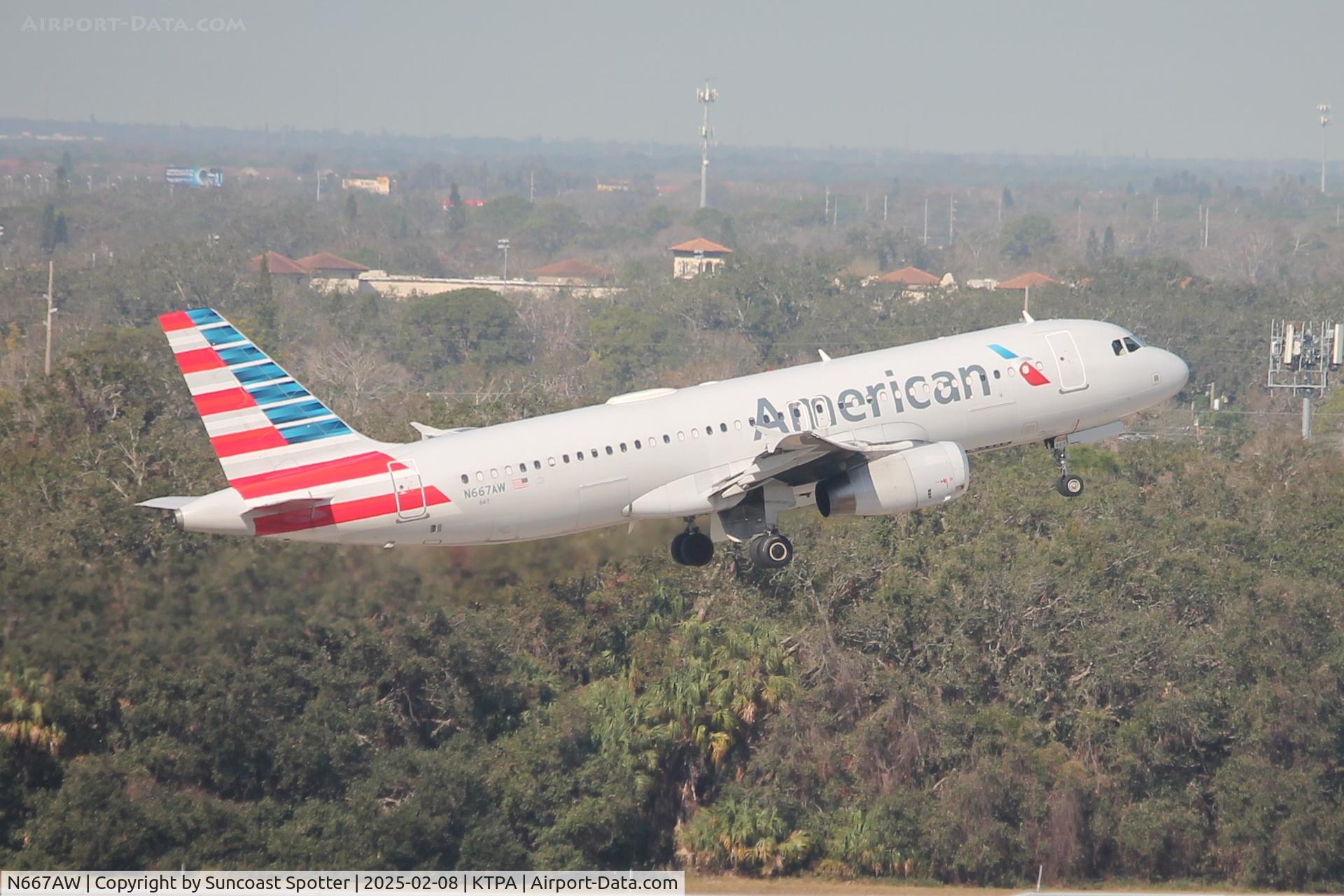 N667AW, 2002 Airbus A320-232 C/N 1710, American Flight 2908 departs Runway 1L at Tampa International Airport enroute to Philadelphia International Airport