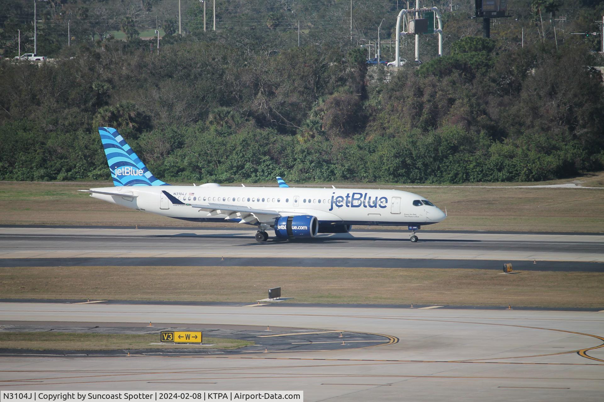 N3104J, 2022 Airbus A220-300 C/N 55150, JetBlue Flight 2725 arrives on Runway 1L at Tampa International Airport following flight from John F Kennedy International Airport