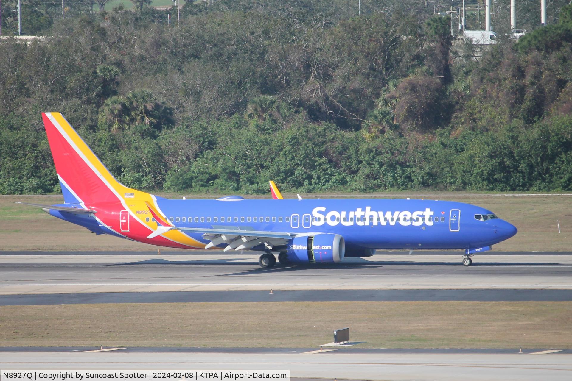 N8927Q, 2024 Boeing 737 Max 8 C/N 68359, Southwest Flight 319 arrives on Runway 1L at Tampa International Airport following flight from Indianapolis International Airport