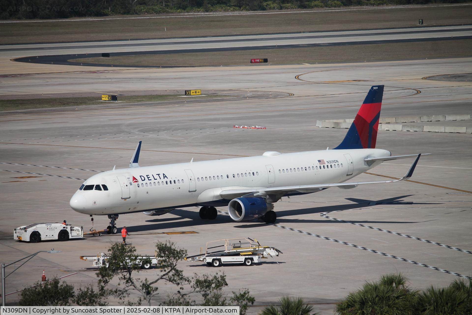 N309DN, 2016 Airbus A321-211 C/N 7268, Delta Flight 1227 pushes back from the gate at Tampa International Airport prior to flight to Hartsfield-Jackson Atlanta International Airport