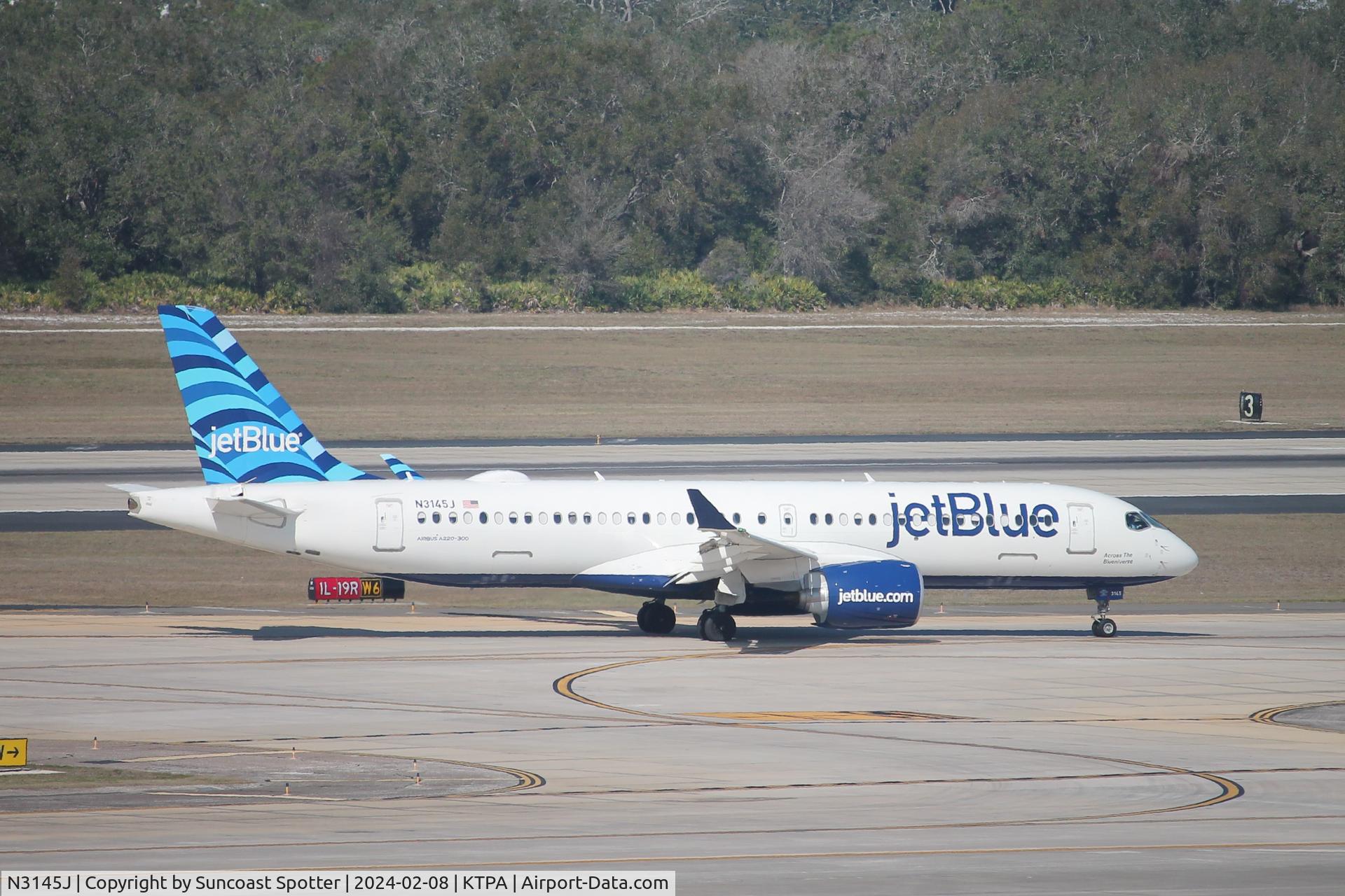 N3145J, 2023 Airbus A220-371 C/N 55252, JetBlue Flight 91 arrives on Runway 1L at Tampa International Airport following flight from Boston-Logan International Airport