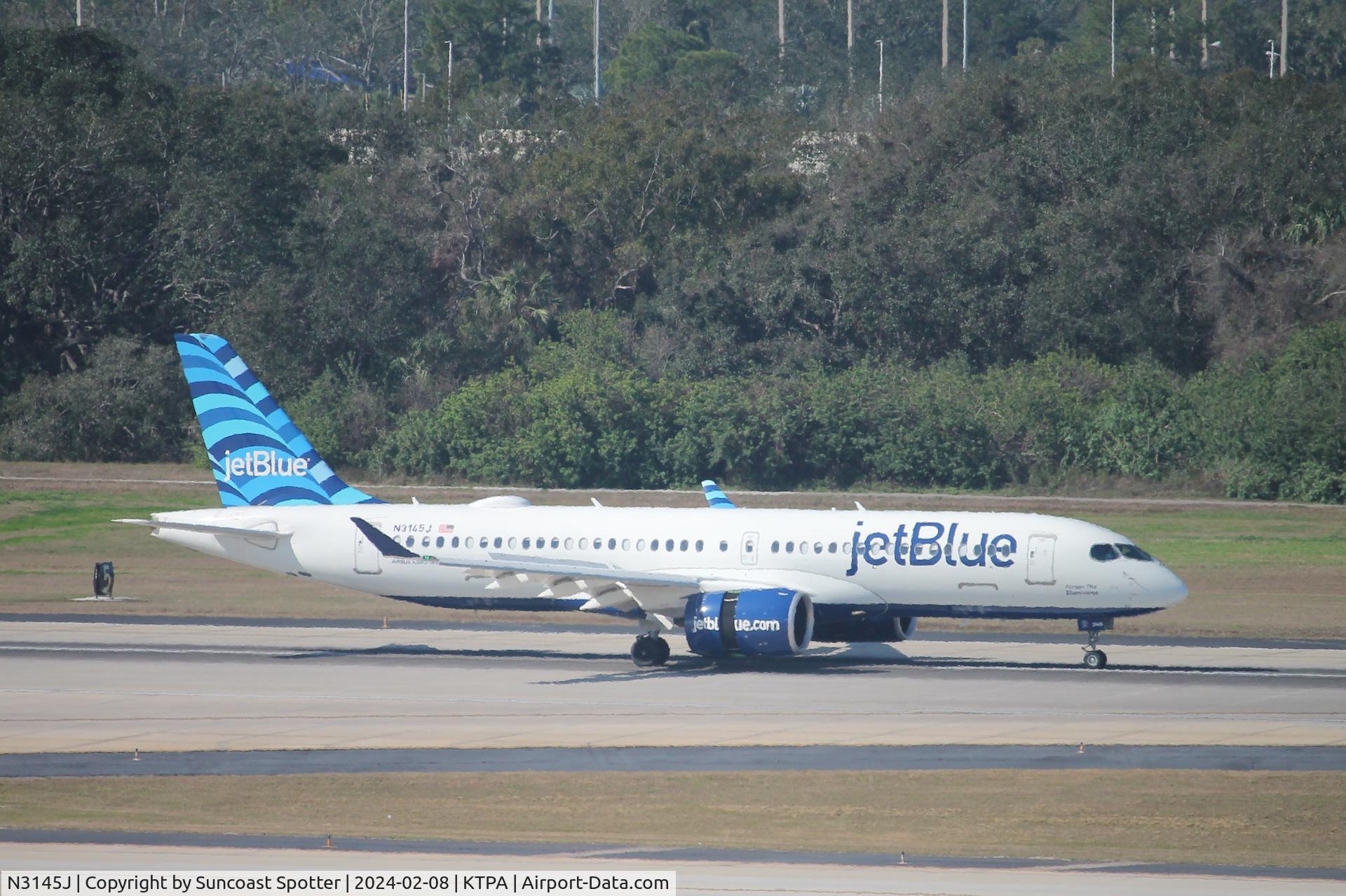 N3145J, 2023 Airbus A220-371 C/N 55252, JetBlue Flight 91 arrives on Runway 1L at Tampa International Airport following flight from Boston-Logan International Airport