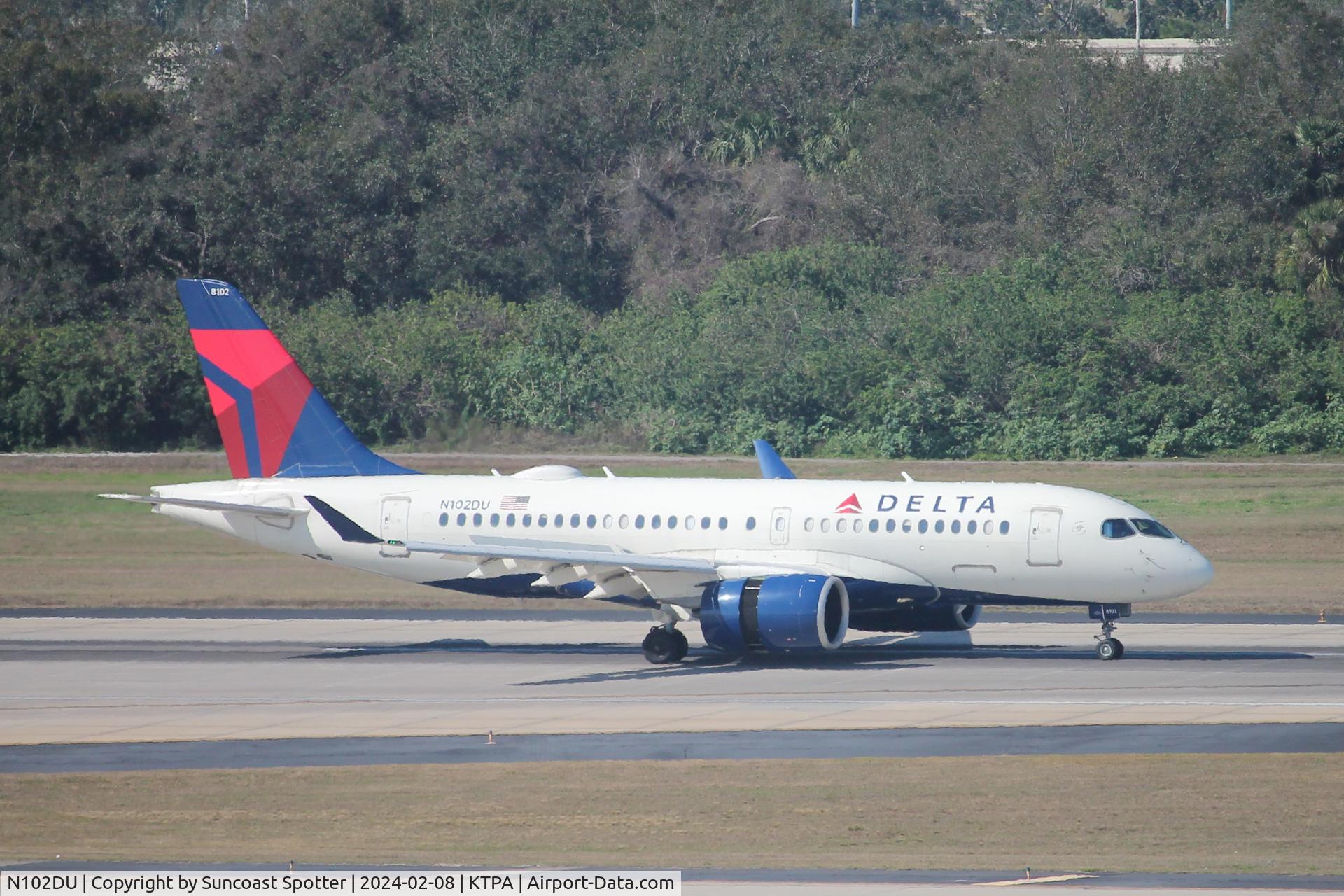 N102DU, 2018 Airbus A220-100 C/N 50021, Delta Flight 2042 arrives on Runway 1L at Tampa International Airport following flight from John F Kennedy International Airport
