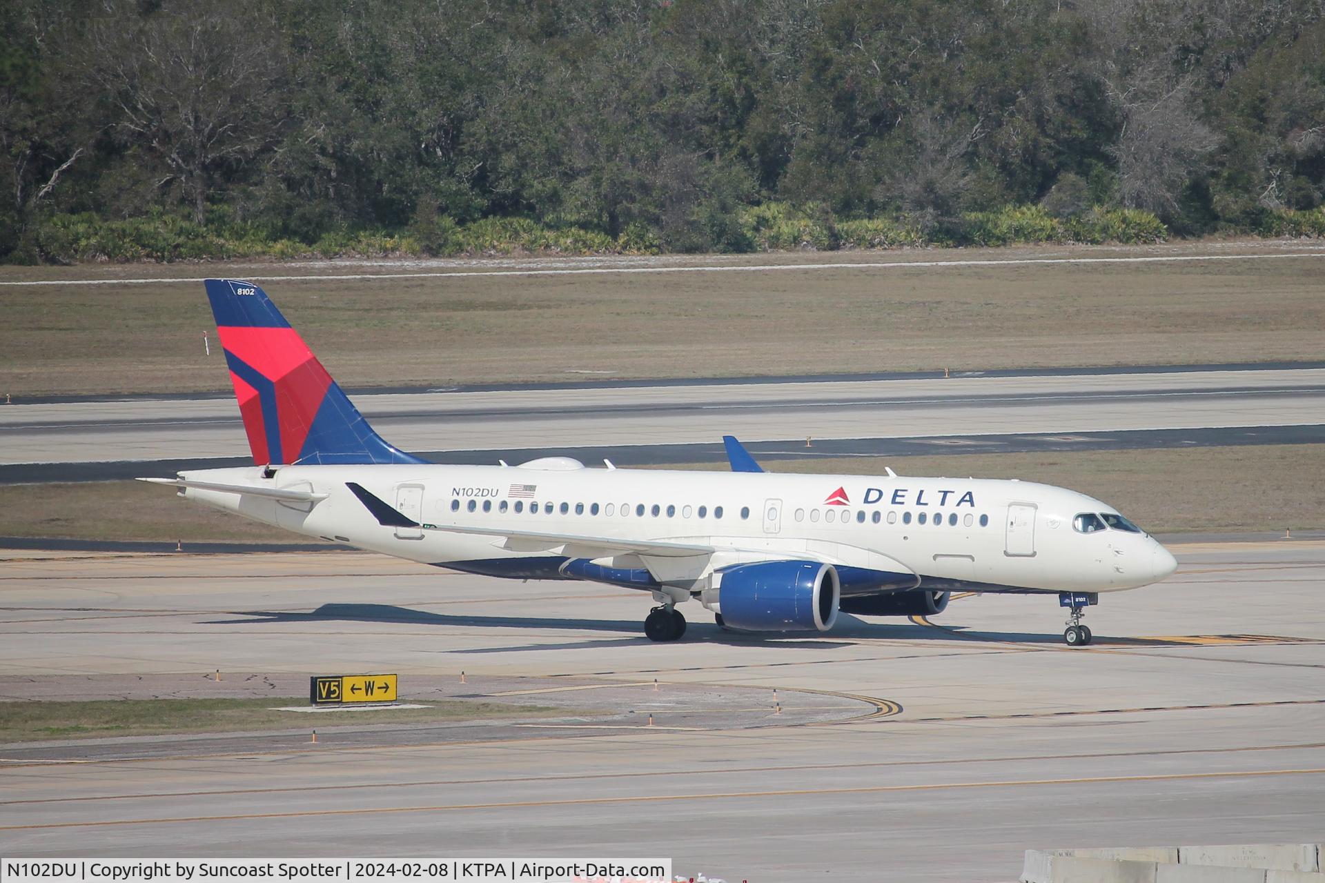 N102DU, 2018 Airbus A220-100 C/N 50021, Delta Flight 2042 taxis to gate at Tampa International Airport following flight from John F Kennedy International Airport