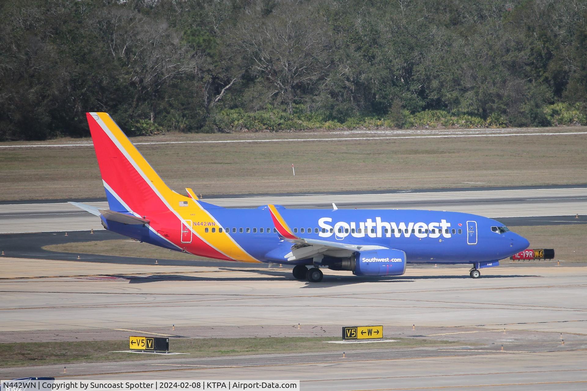 N442WN, 2003 Boeing 737-7H4 C/N 32459, Southwest Flight 3847 arrives on Runway 1L at Tampa International Airport taxis to gate at Tampa International Airport following flight from Raleigh-Durham International Airport 