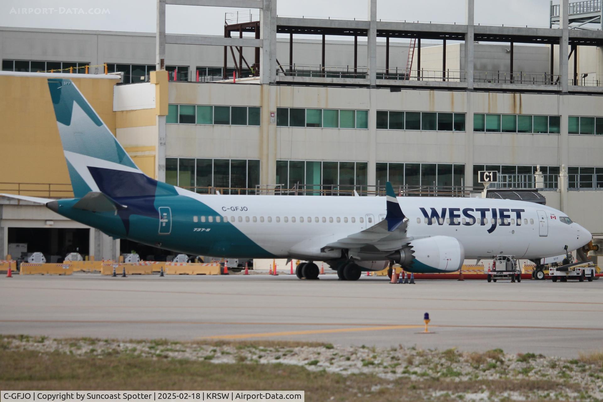 C-GFJO, 2023 Boeing 737 Max 8 C/N 63382, WestJet Flight 4138 sits at Gate C1 at Southwest Florida International Airport prior to flight to Toronto-Pearson International Airport