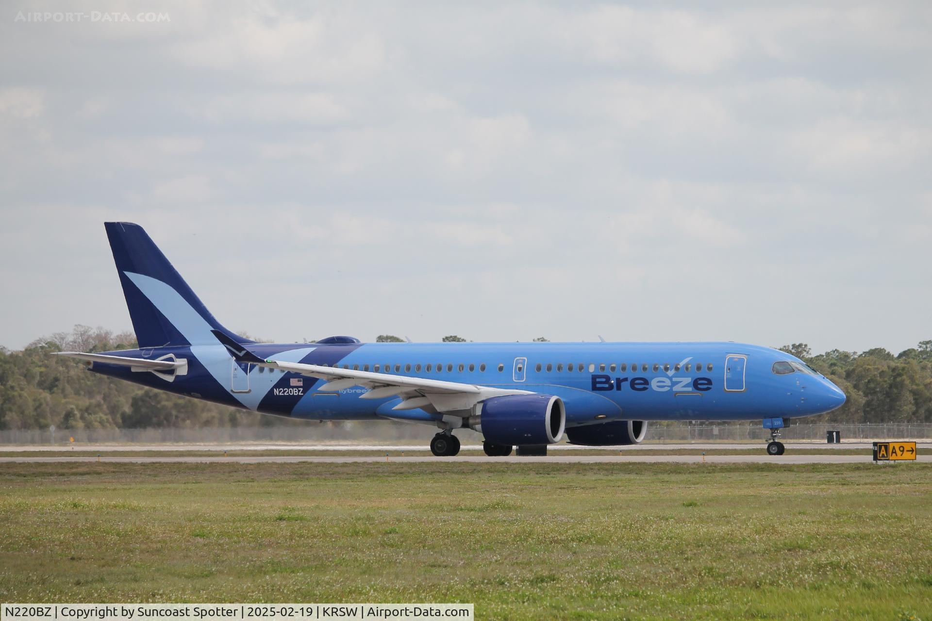 N220BZ, 2023 Airbus A220-371 C/N 55202, Breeze Flight 713 taxis at Southwest Florida International Airport enroute to TF Green Airport