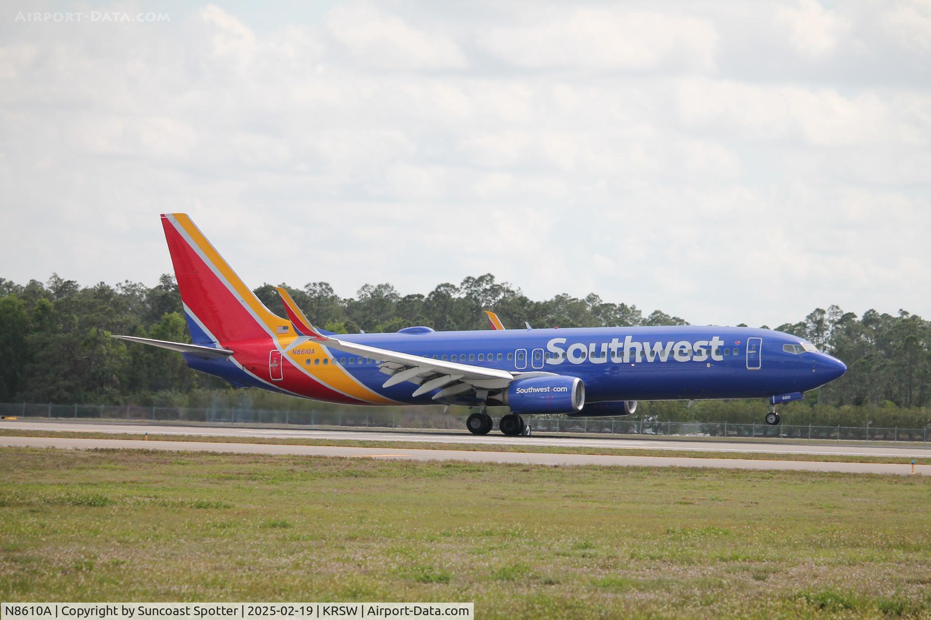 N8610A, 2013 Boeing 737-8H4 C/N 36635, Southwest Flight 1874 arrives on Runway 24 at Southwest Florida International Airport following flight from Baltimore-Washington International Airport